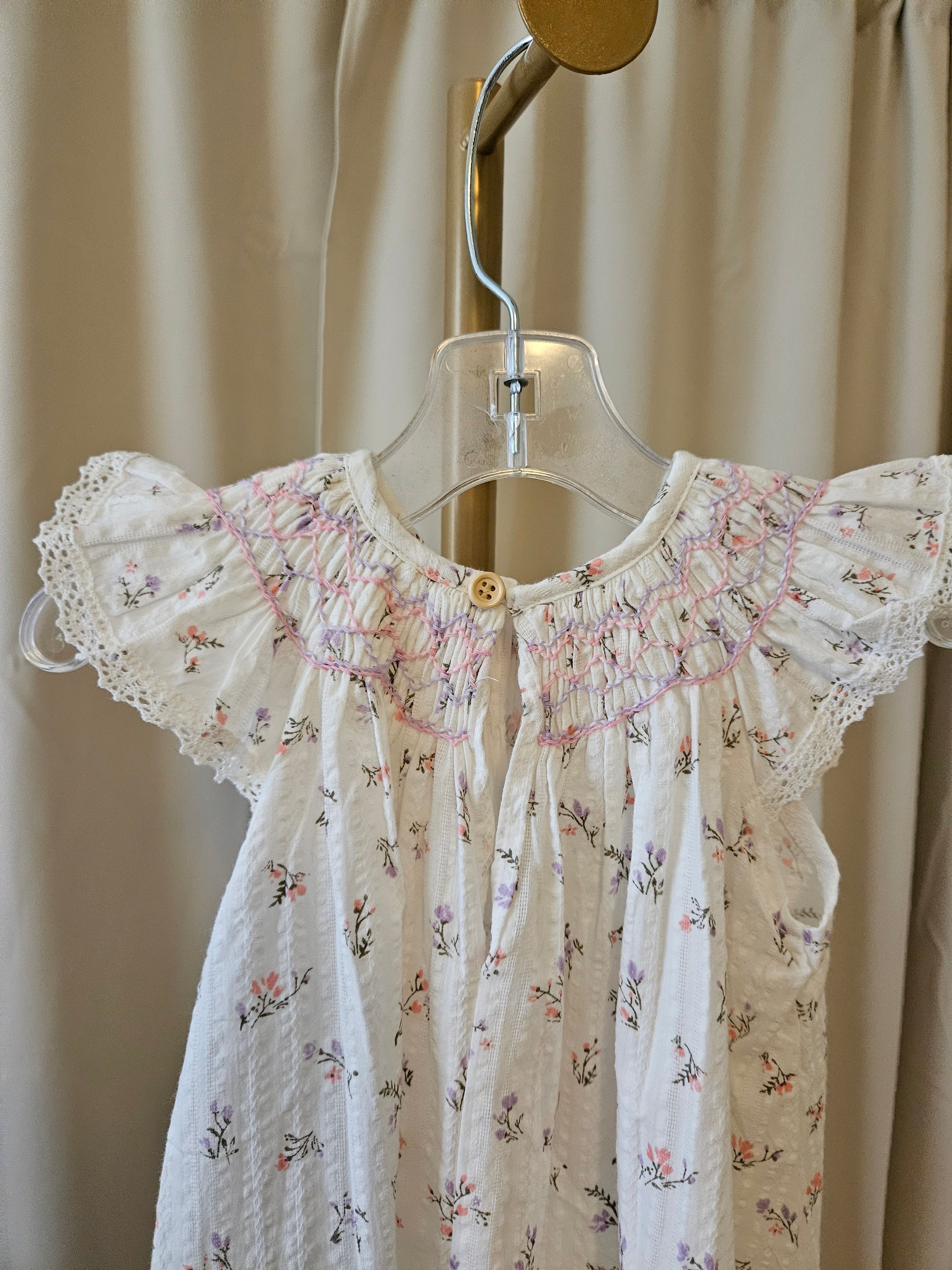 Floral Smocked Flutter Sleeve Dress with Lace Detail 12–18M