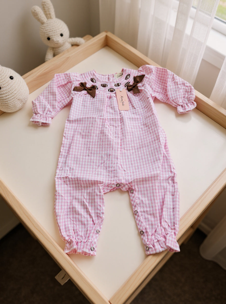 Marie Nicole Game Day Gingham Smocked Embroidered Romper Sz 6-12M