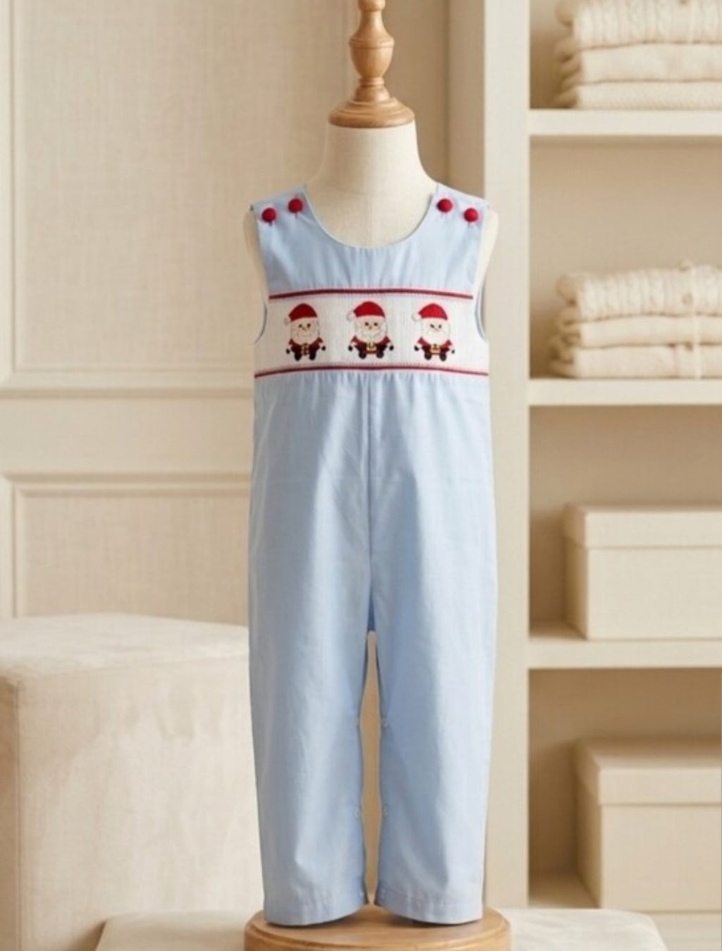 Lil Cactus Light Blue Santa Smocked Overalls
