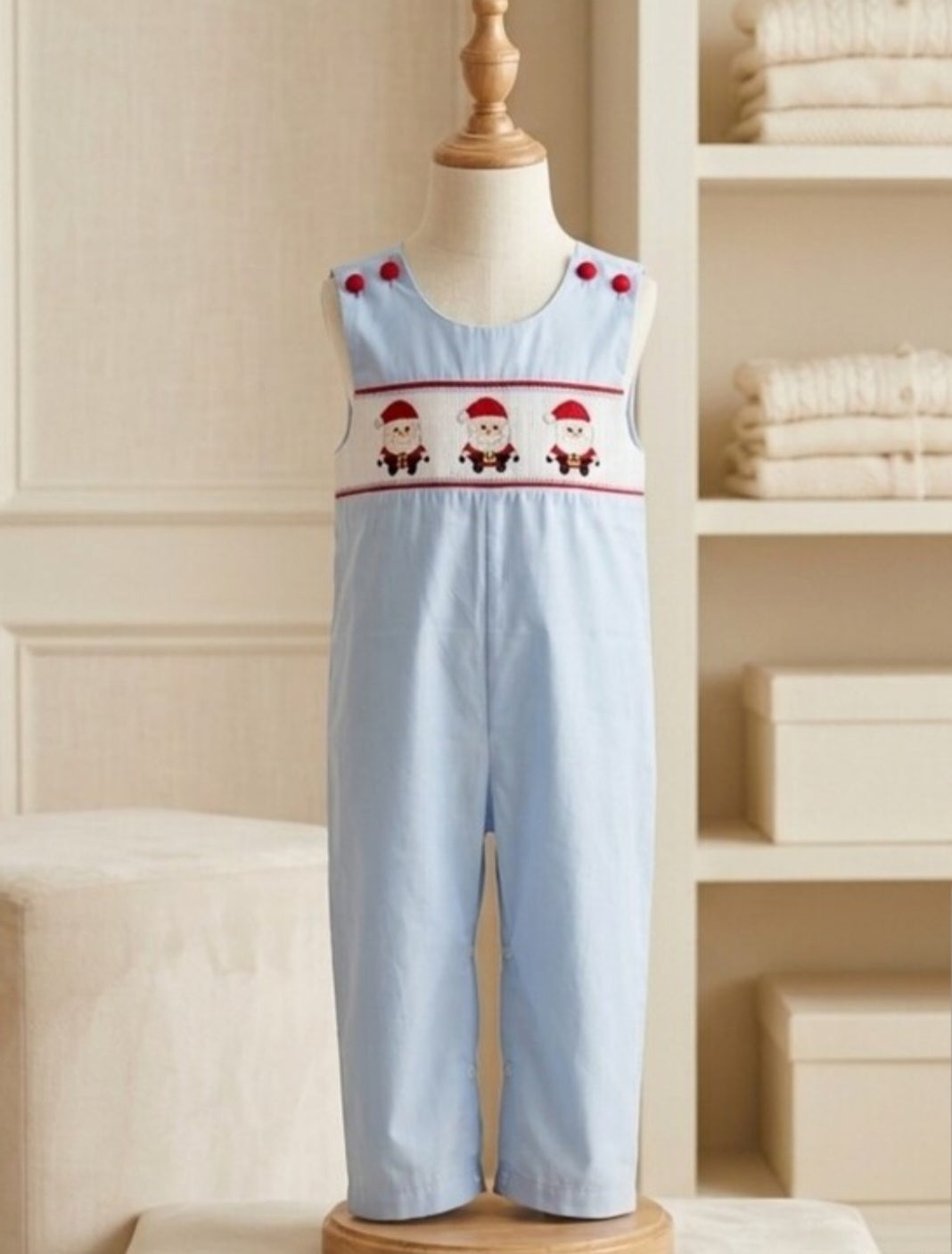 Lil Cactus Light Blue Santa Smocked Overalls