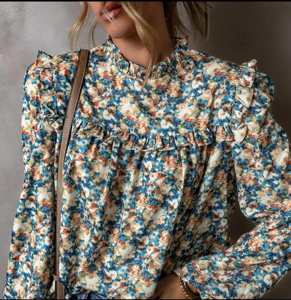 Lovesoft Floral Print Frilled Mock Neck Puff Sleeve Blouse Sz Med