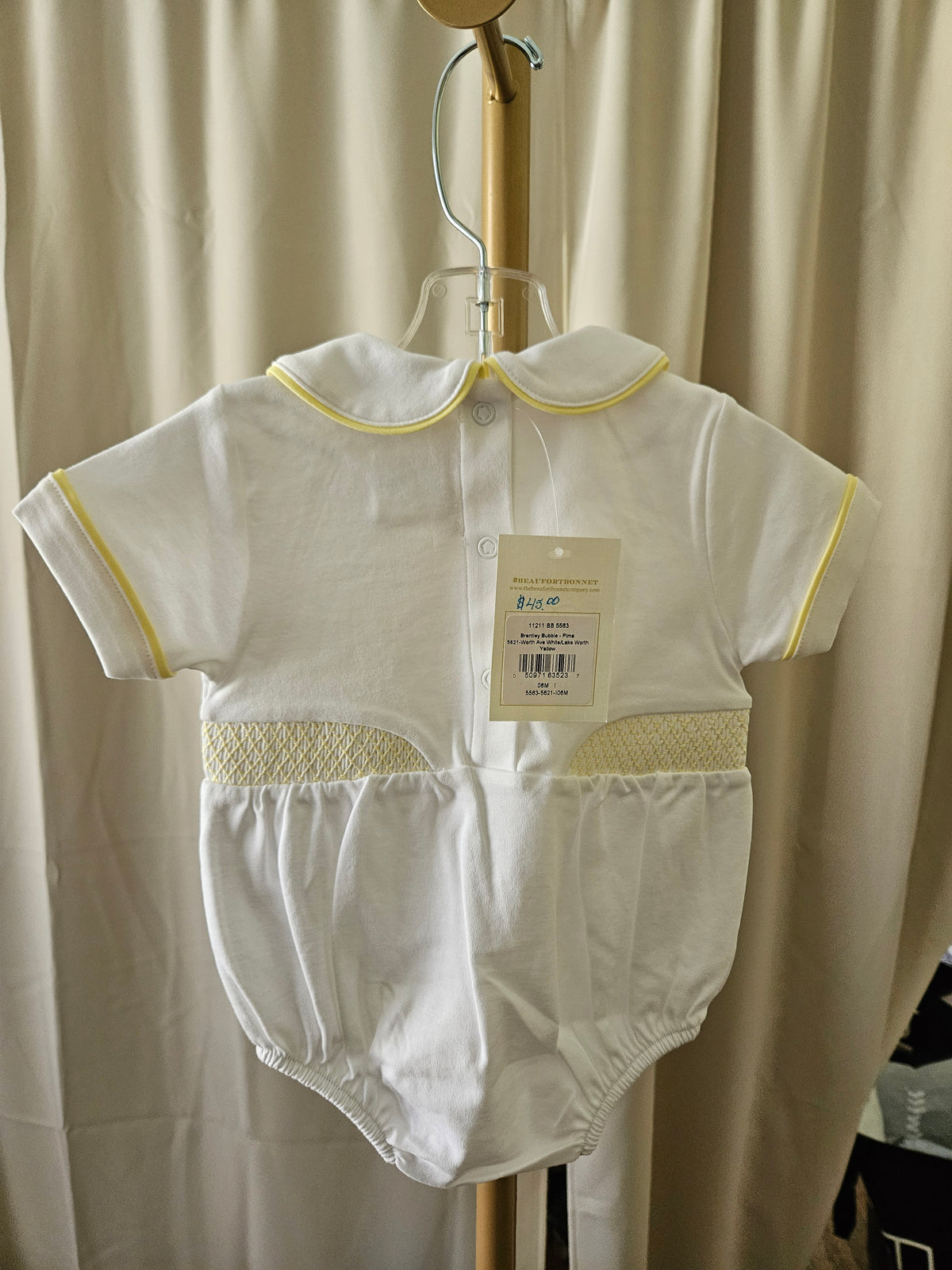 The Beaufort Bonnet Company 0-6M Yellow & White Smocked Bubble NWT