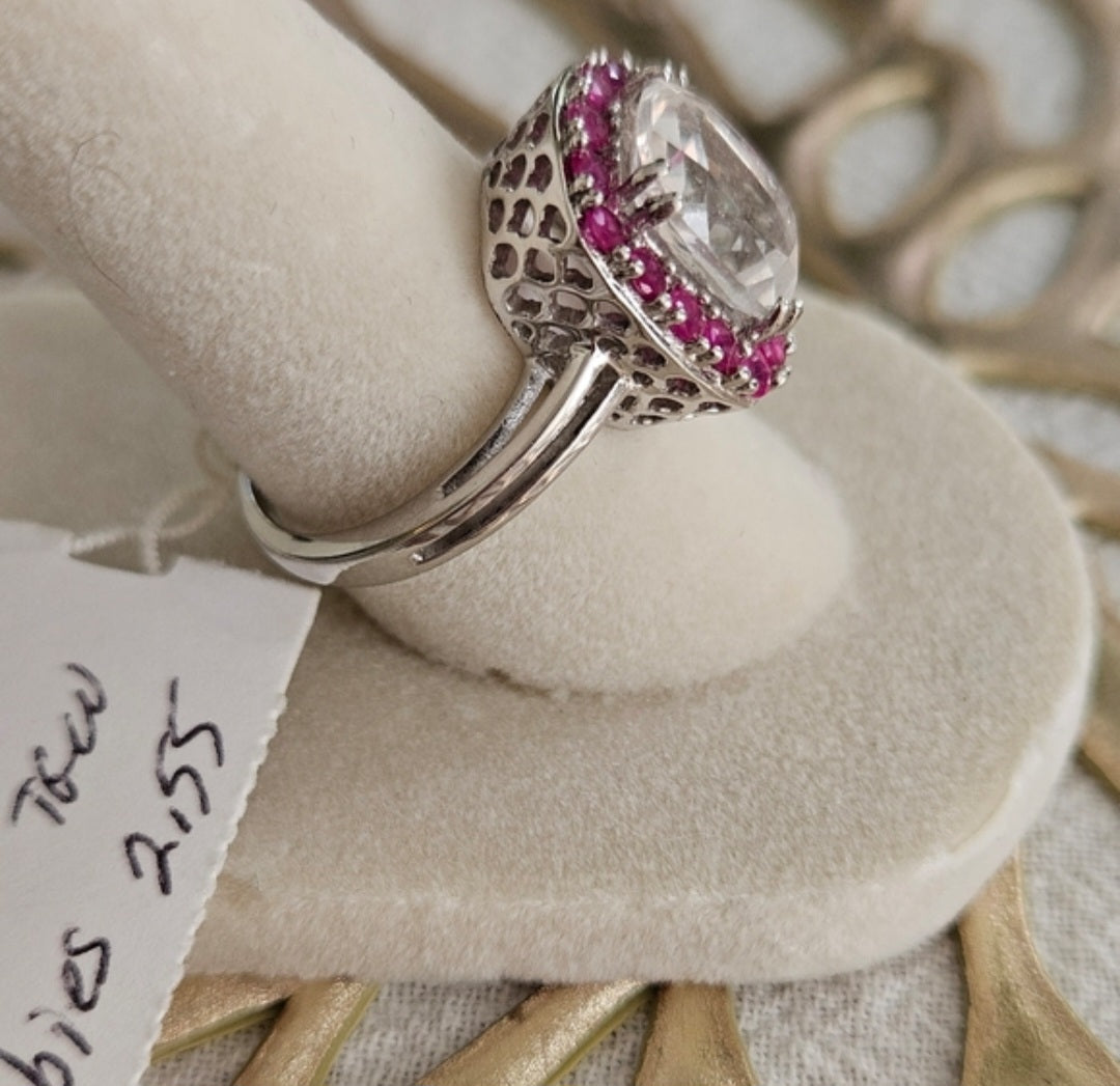 Crystal Quartz With Red Ruby Accent 925 Silver Over Rhodium Sz 7