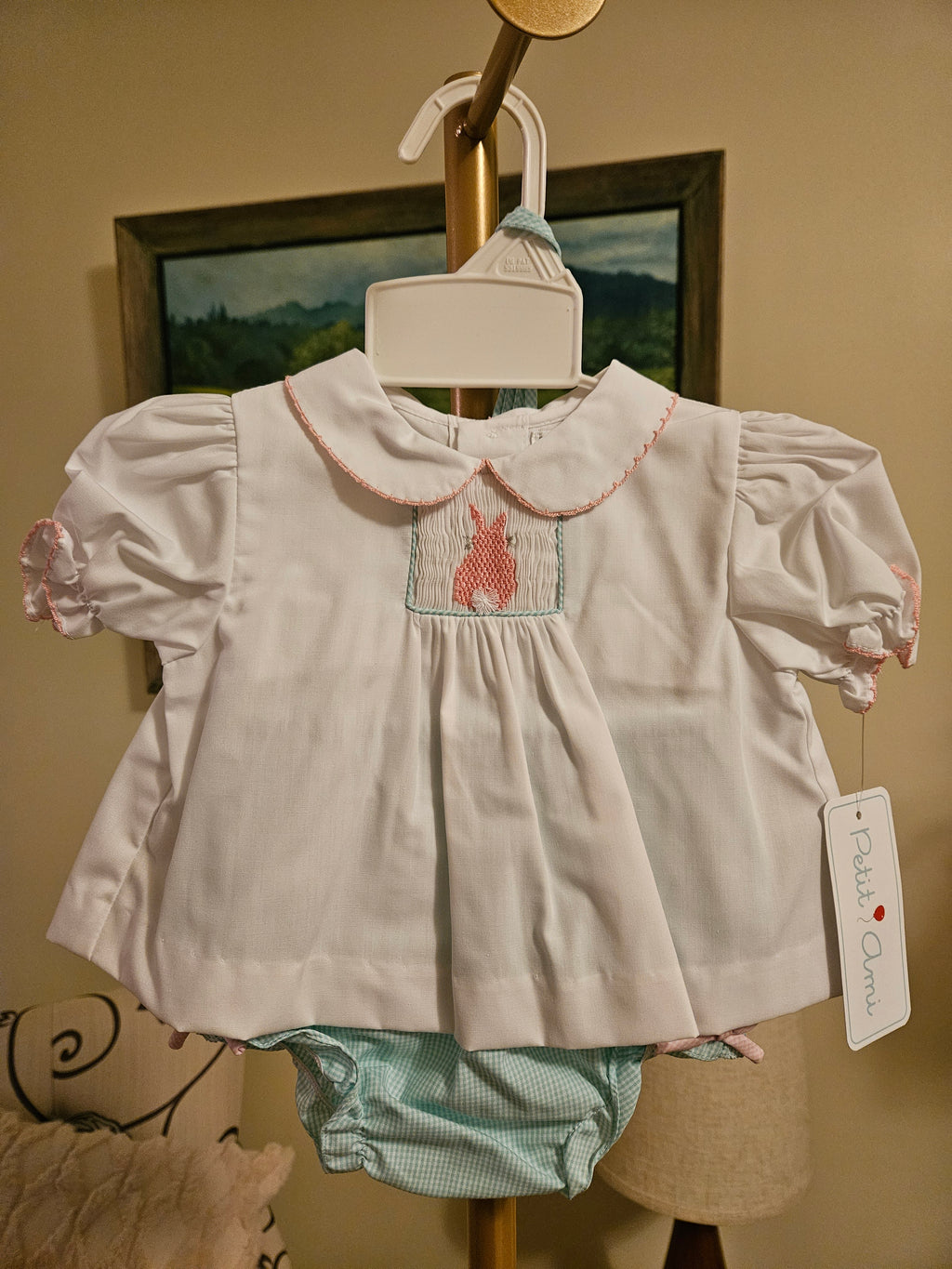 Petit Ami White and Pink Bunny Embroidered Set With Bonnett