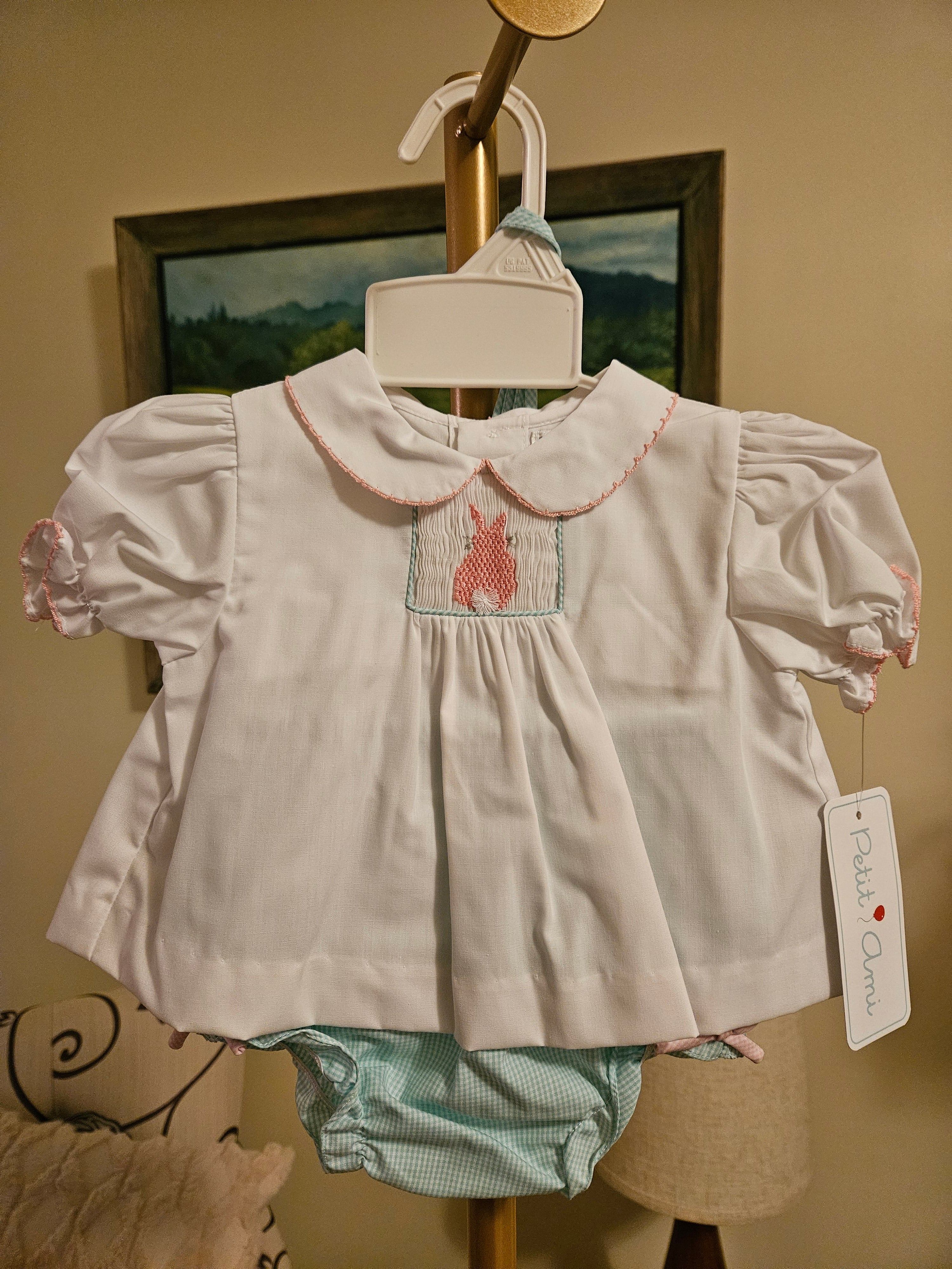 Petit Ami White and Pink Bunny Embroidered Set With Bonnett
