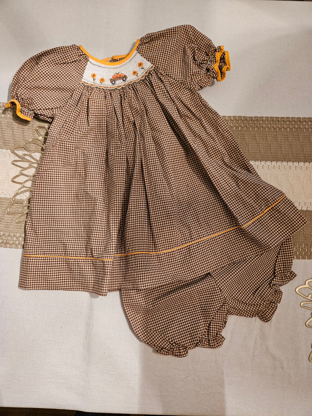 Petit Ami Brown Checkered Baby Dress with Smocked Pumpkins Sz 18M