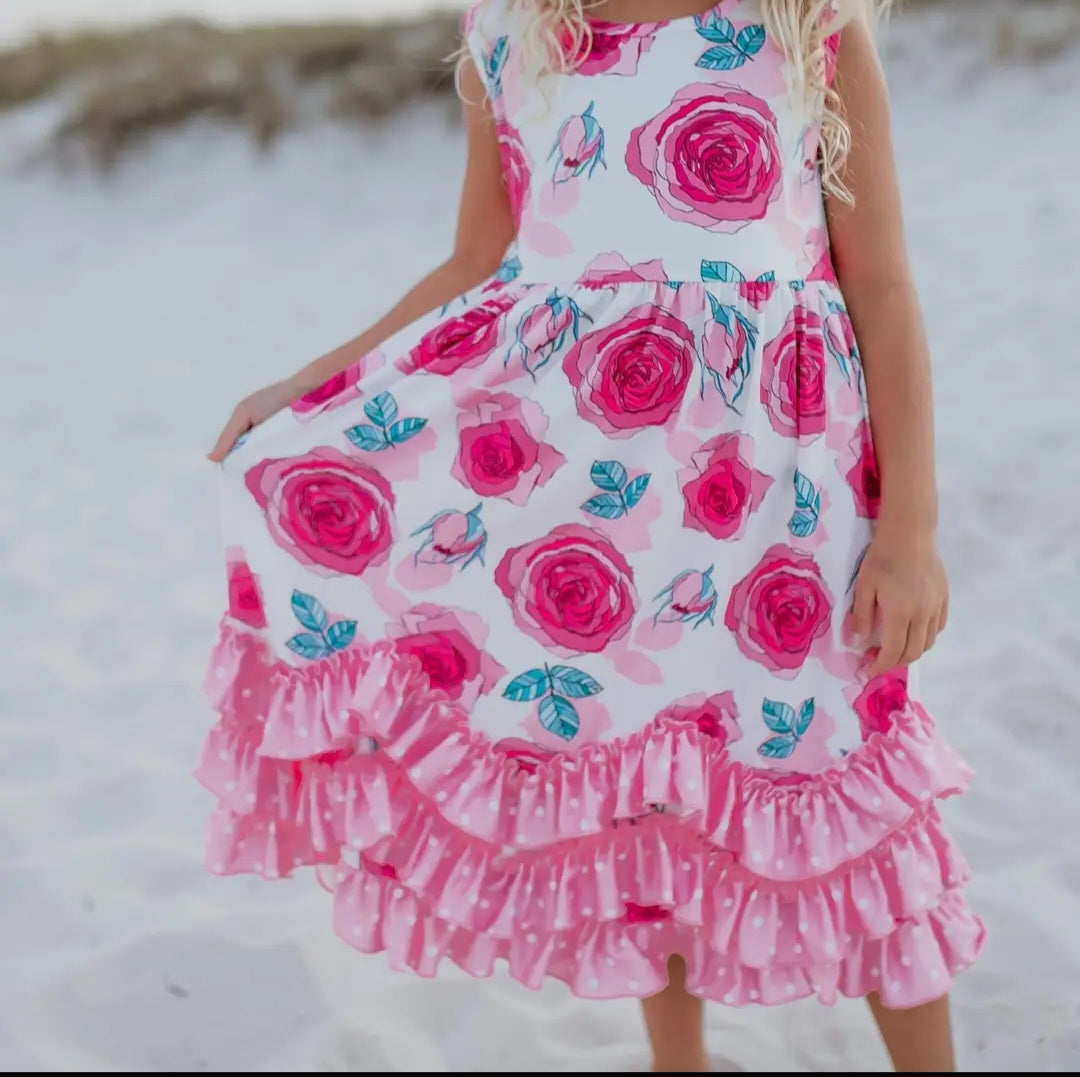 Adorable Sweetness Pink Rose 3 Ruffle Twirl Dress