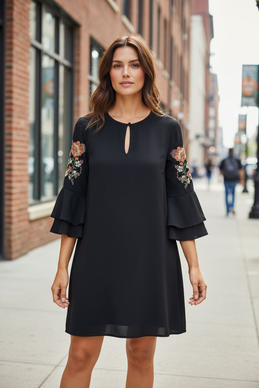 She & Sky A-line Dress Size Small. Embroidery on Flutter Sleeve