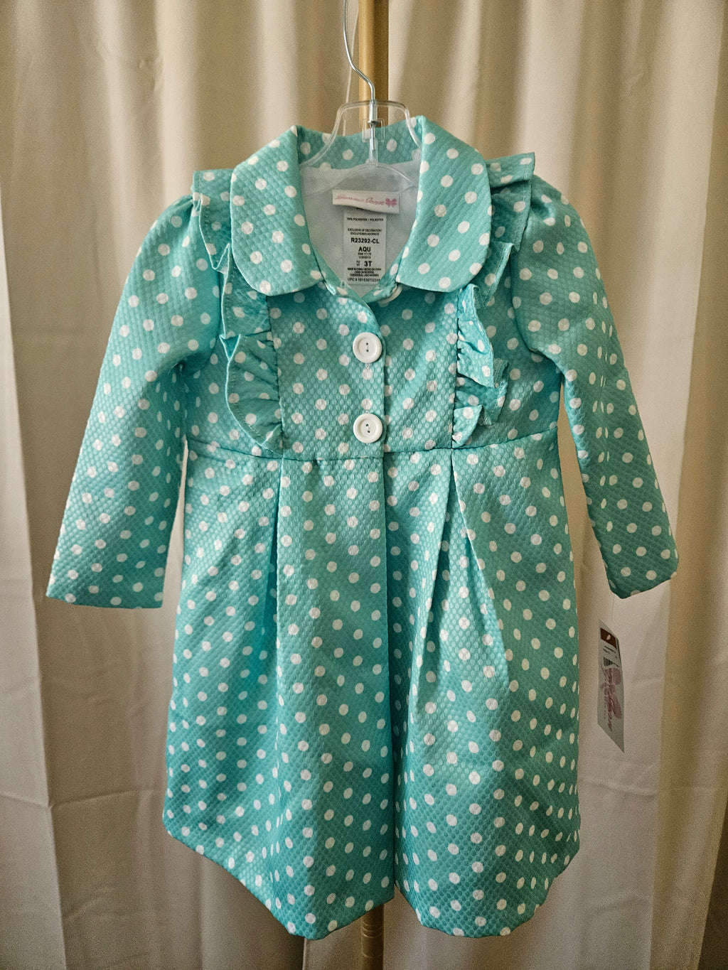 Bonnie Jean Turquoise Polka Dot Ruffle Coat NWT Sz 3T
