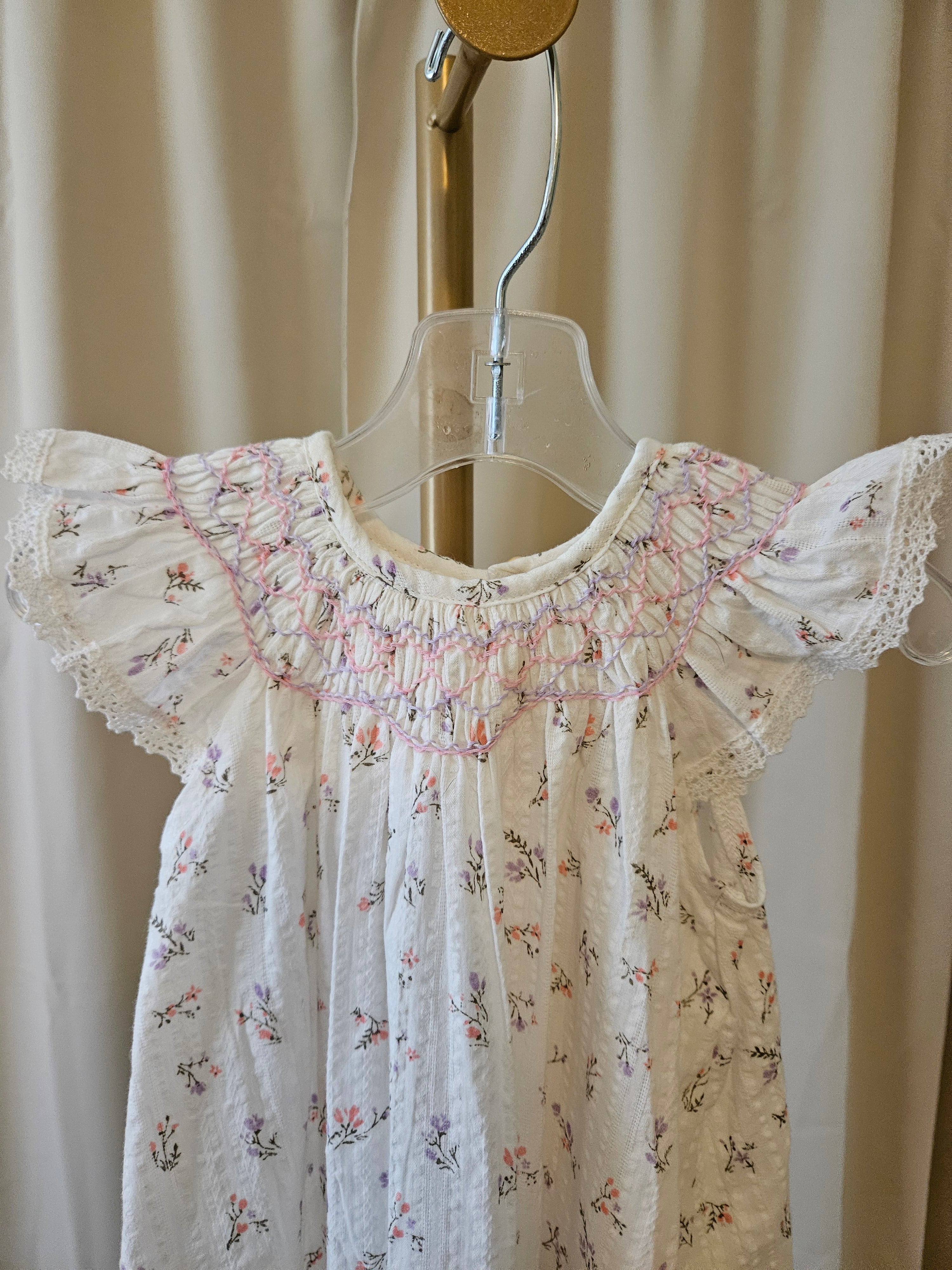 Floral Smocked Flutter Sleeve Dress with Lace Detail 12–18M