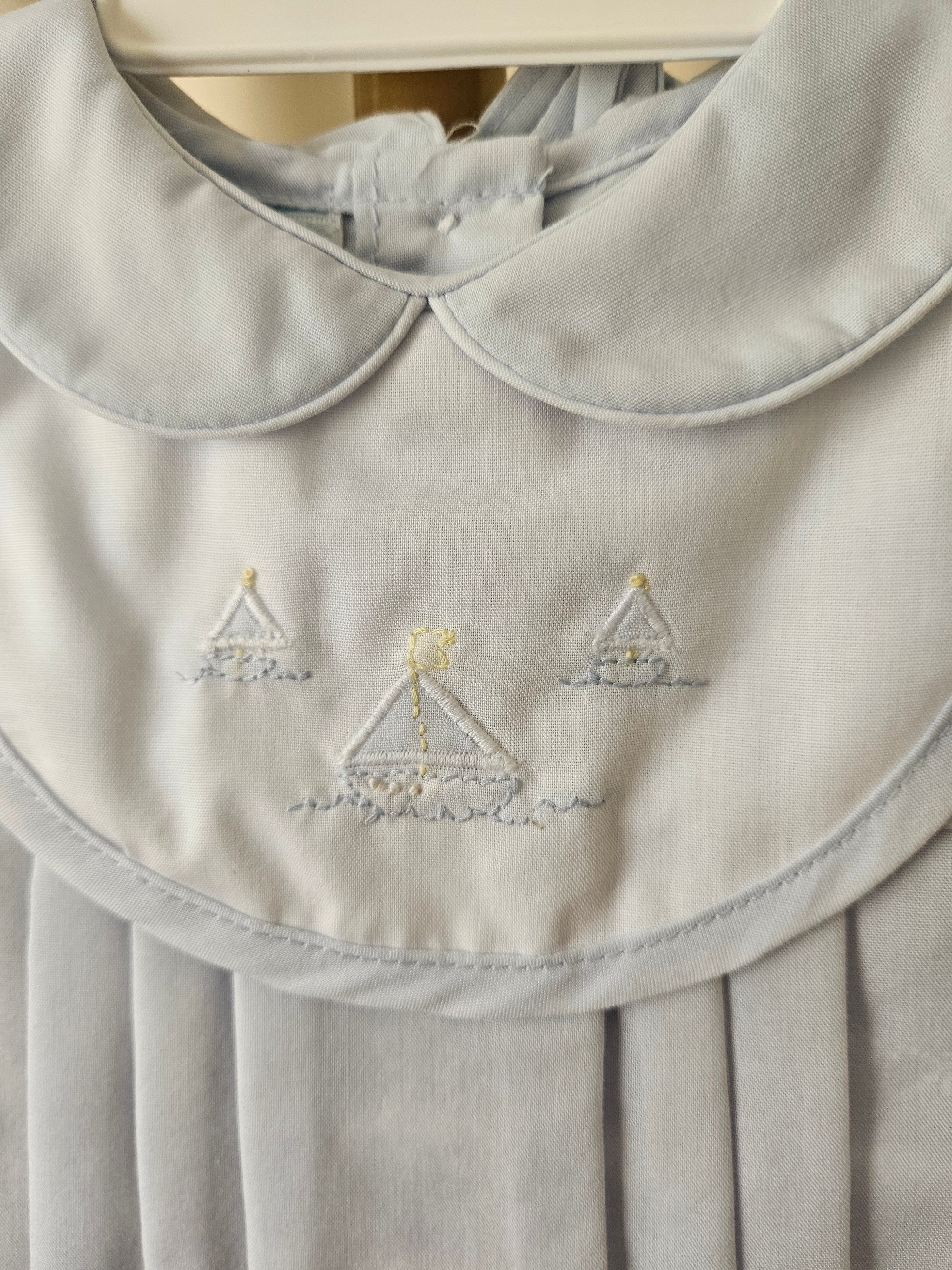 Petit Ami NB Baby Blue Sailboat Embroidered Bubble & Bonnet Set