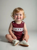 Rylee Faith Designs Dark Red Smocked Christening Bishop Romper