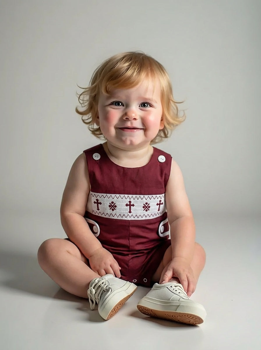 Rylee Faith Designs Dark Red Smocked Christening Bishop Romper