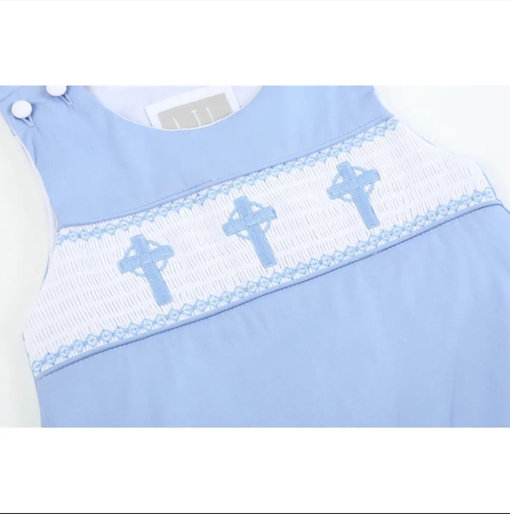 Lil' Cactus Periwinkle Crosses Smocked Shortalls Sz 3-6M
