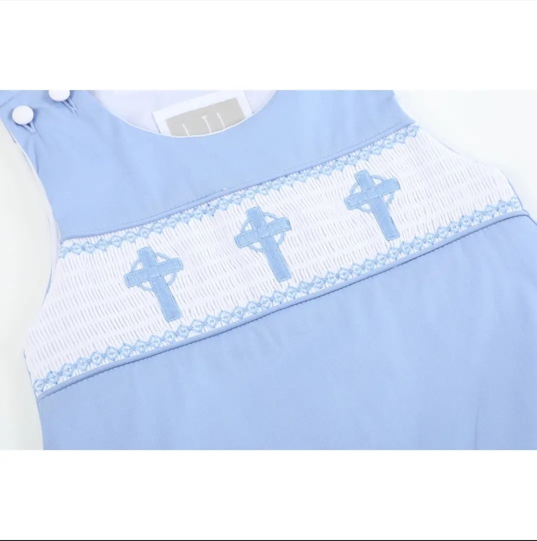 Lil' Cactus Periwinkle Crosses Smocked Shortalls Sz 3-6M