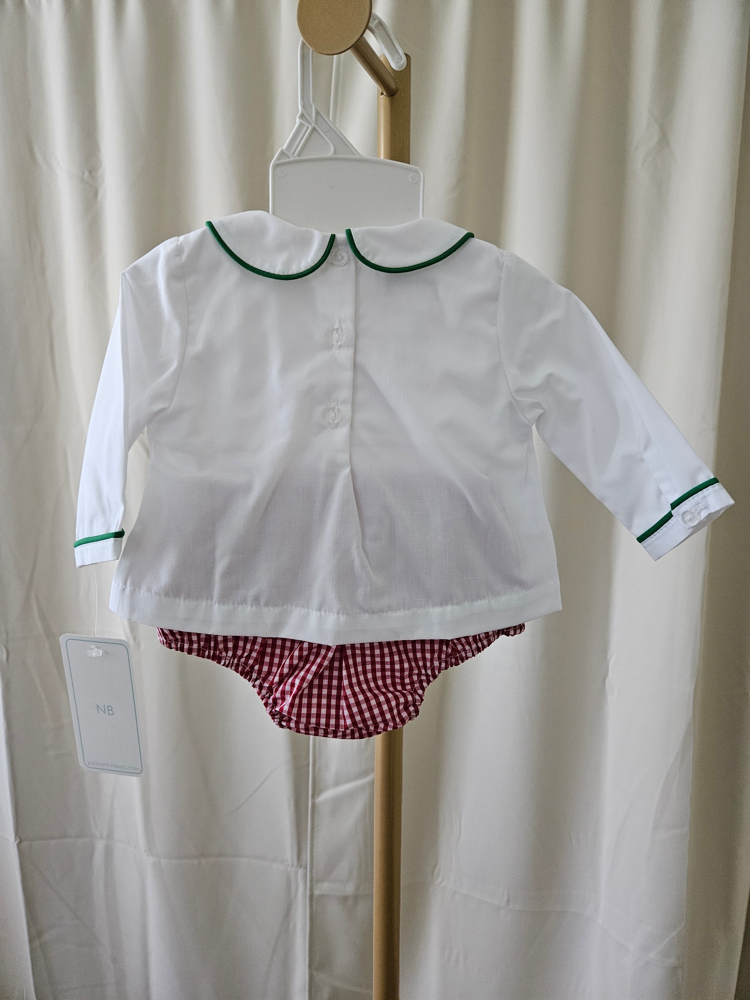Petit Ami Smocked Santa 2-Piece Set White Top & Gingham Bloomers Sz NB