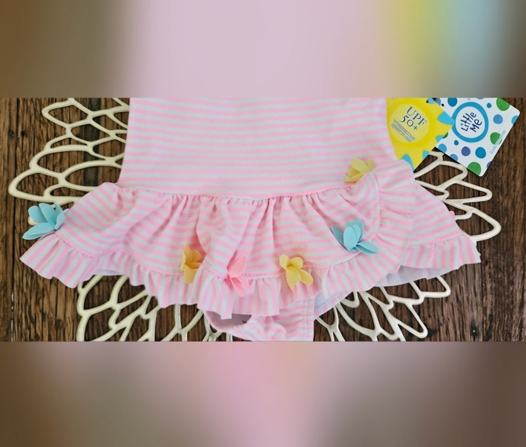 🌸 Little Me Pink & White Striped Floral Swimsuit – 12 Months 🌸