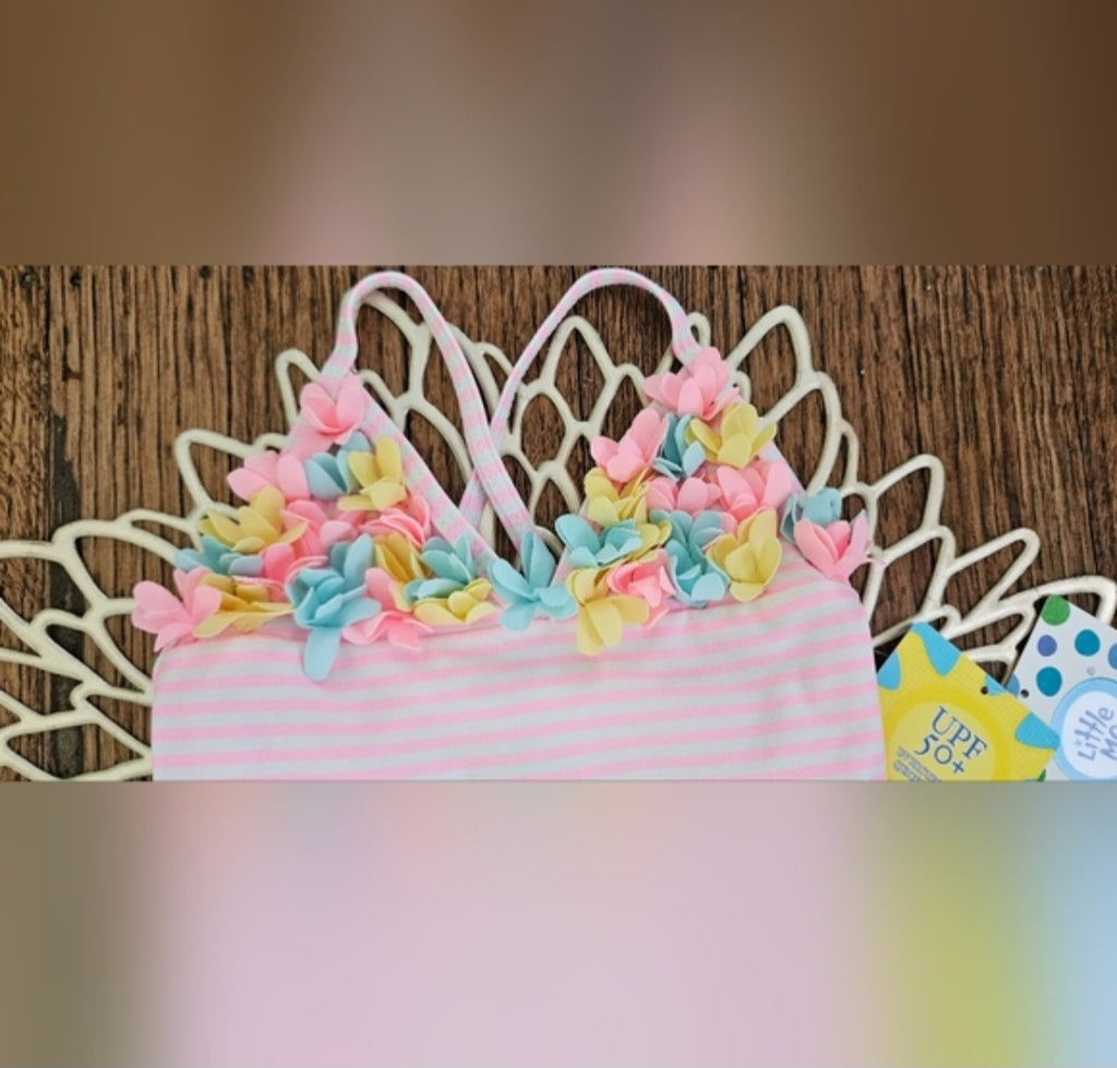 🌸 Little Me Pink & White Striped Floral Swimsuit – 12 Months 🌸