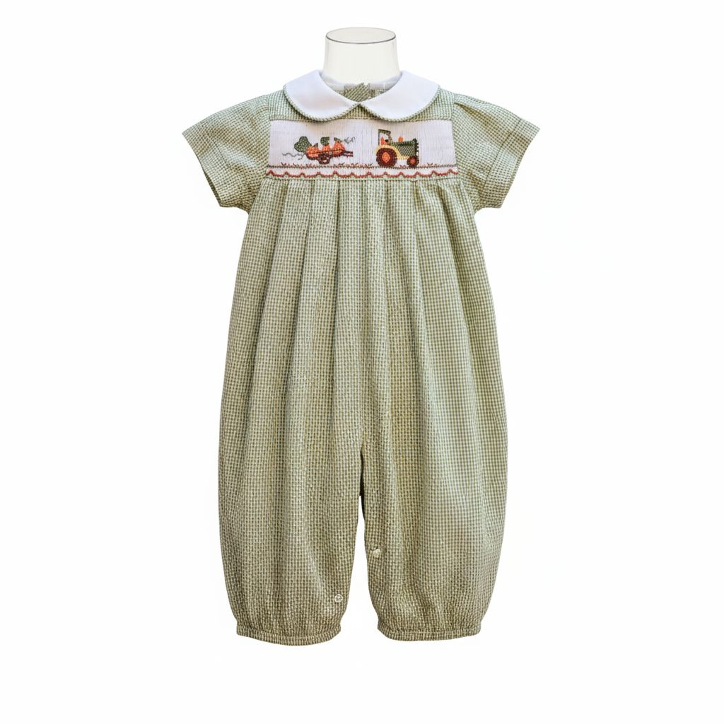 Bow Peep Green Gingham Baby Romper with Tractor & Pumpkin Smocking Sz 3M