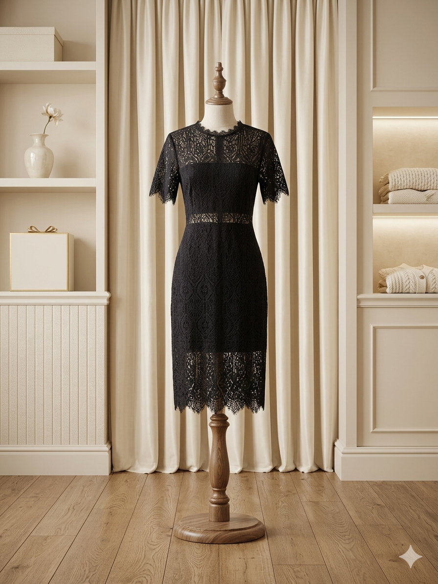 Miami Sz S – Black Lace Sheer Detail Fringe Dress