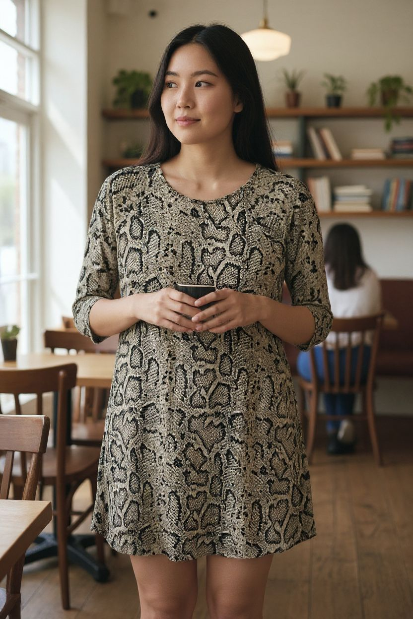 Tickled Teal 3/4 Sleeve Aline Mini Dress with Snake print pattern. Size Small