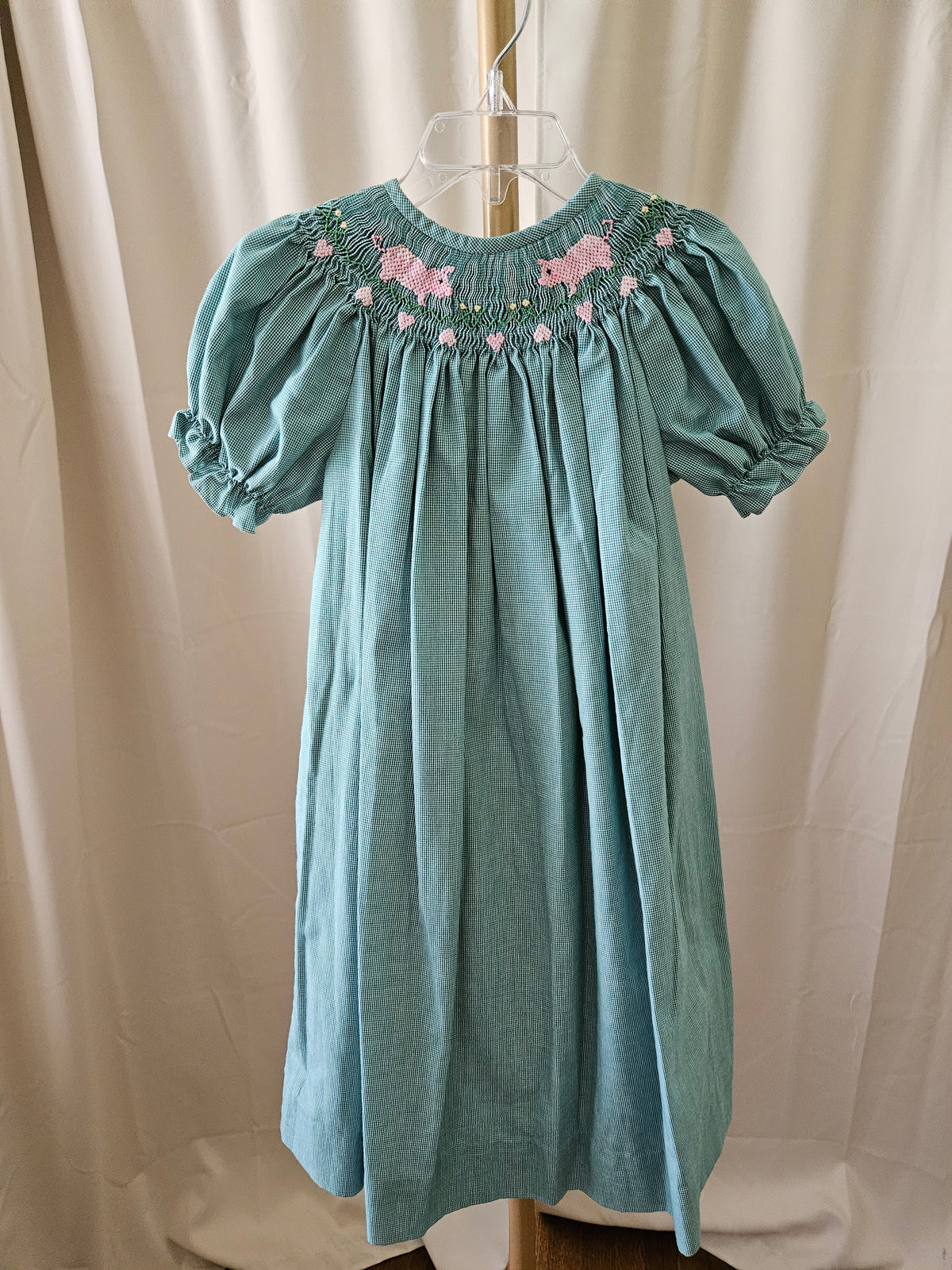 Ragsland Green & White Micro Check Bishop Smocked Dress | Girls Size 4 | Vintage 2003
