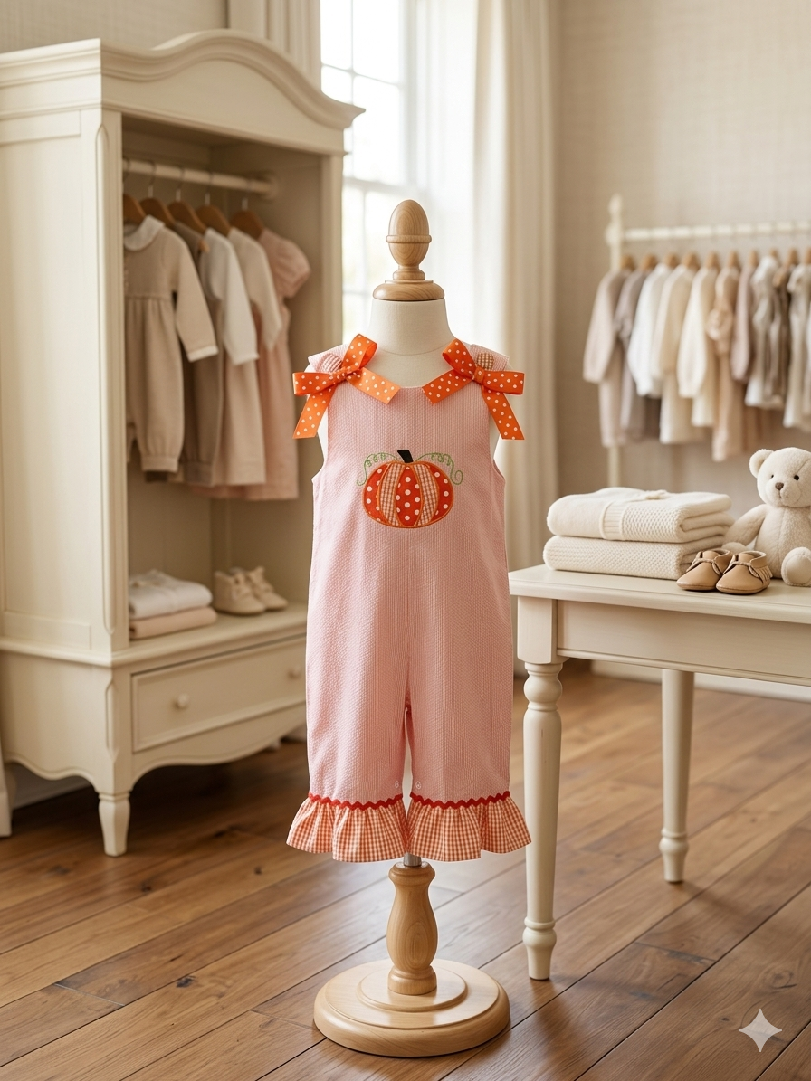 Lil Cactus Pumpkin Appliqué Pinstripe Romper Gingham Ruffle 12-18M