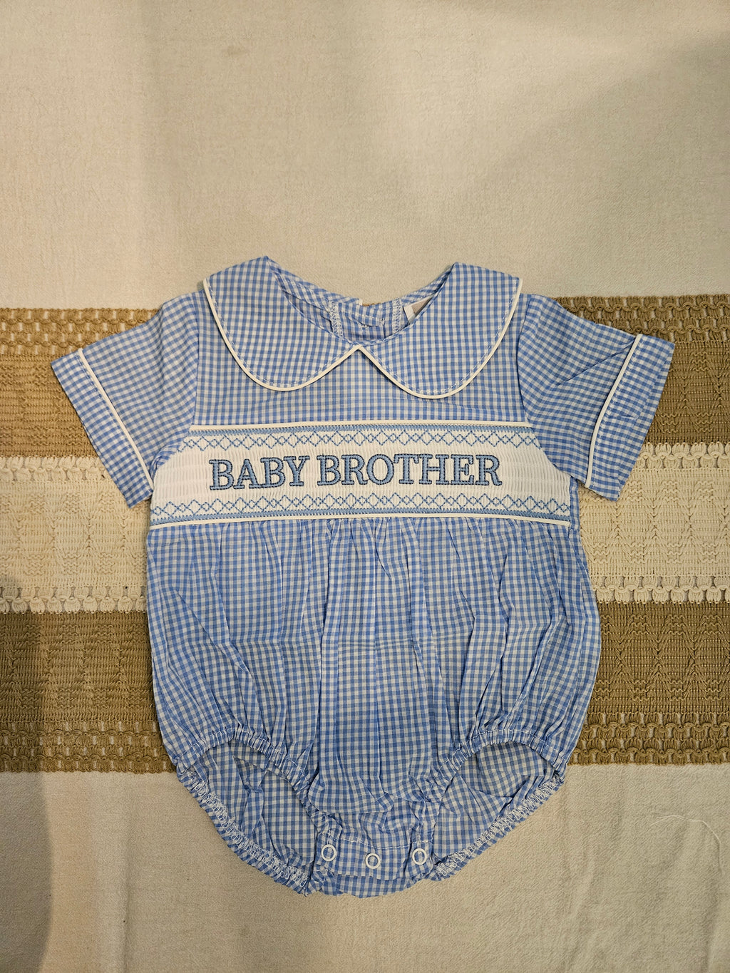 Lil Cactus Blue & White Gingham Smocked Baby Brother Bubble Size 6–12M
