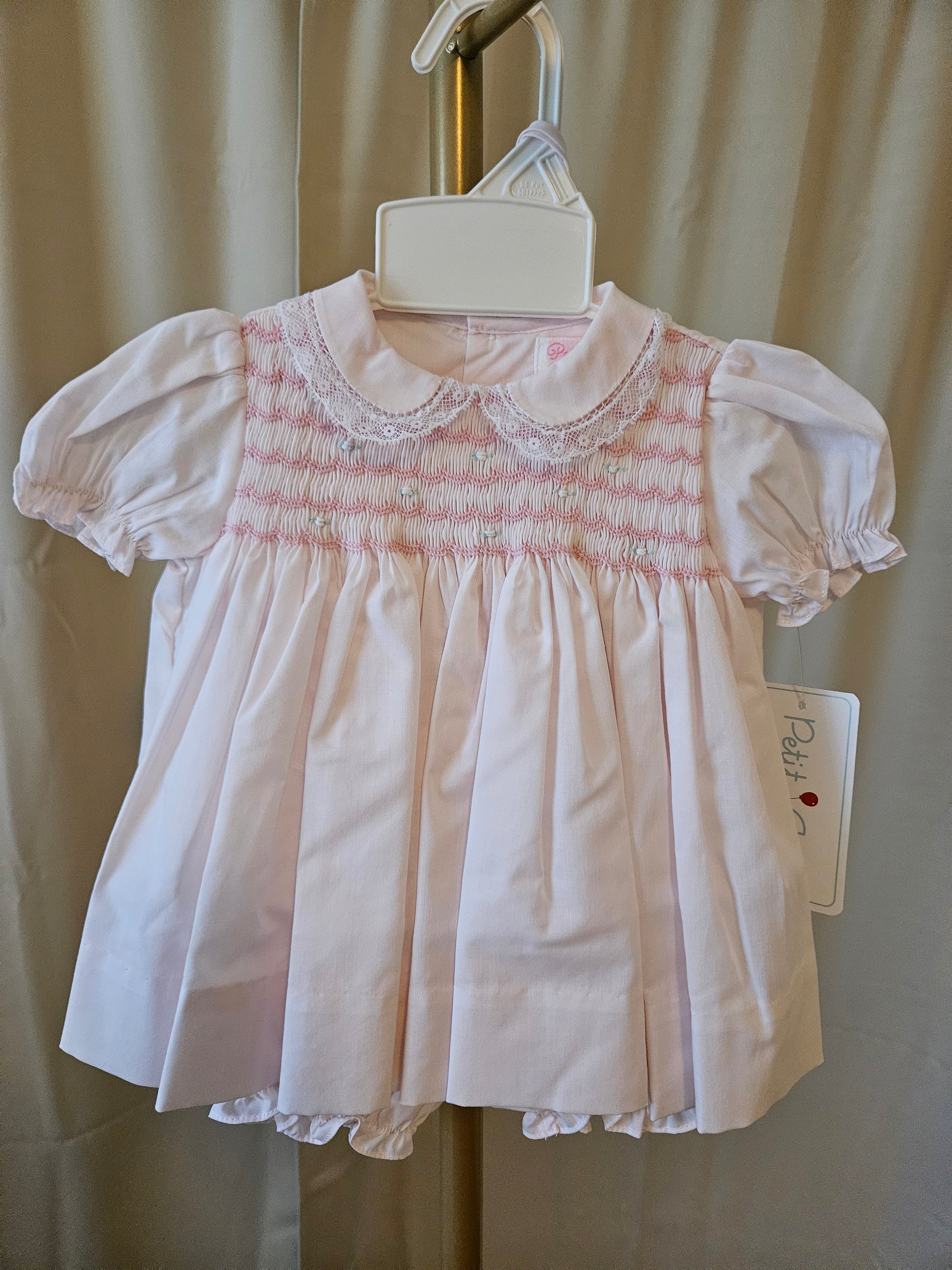 Petit Ami Pink Floral Smocked Baby Dress Set with Bonnet