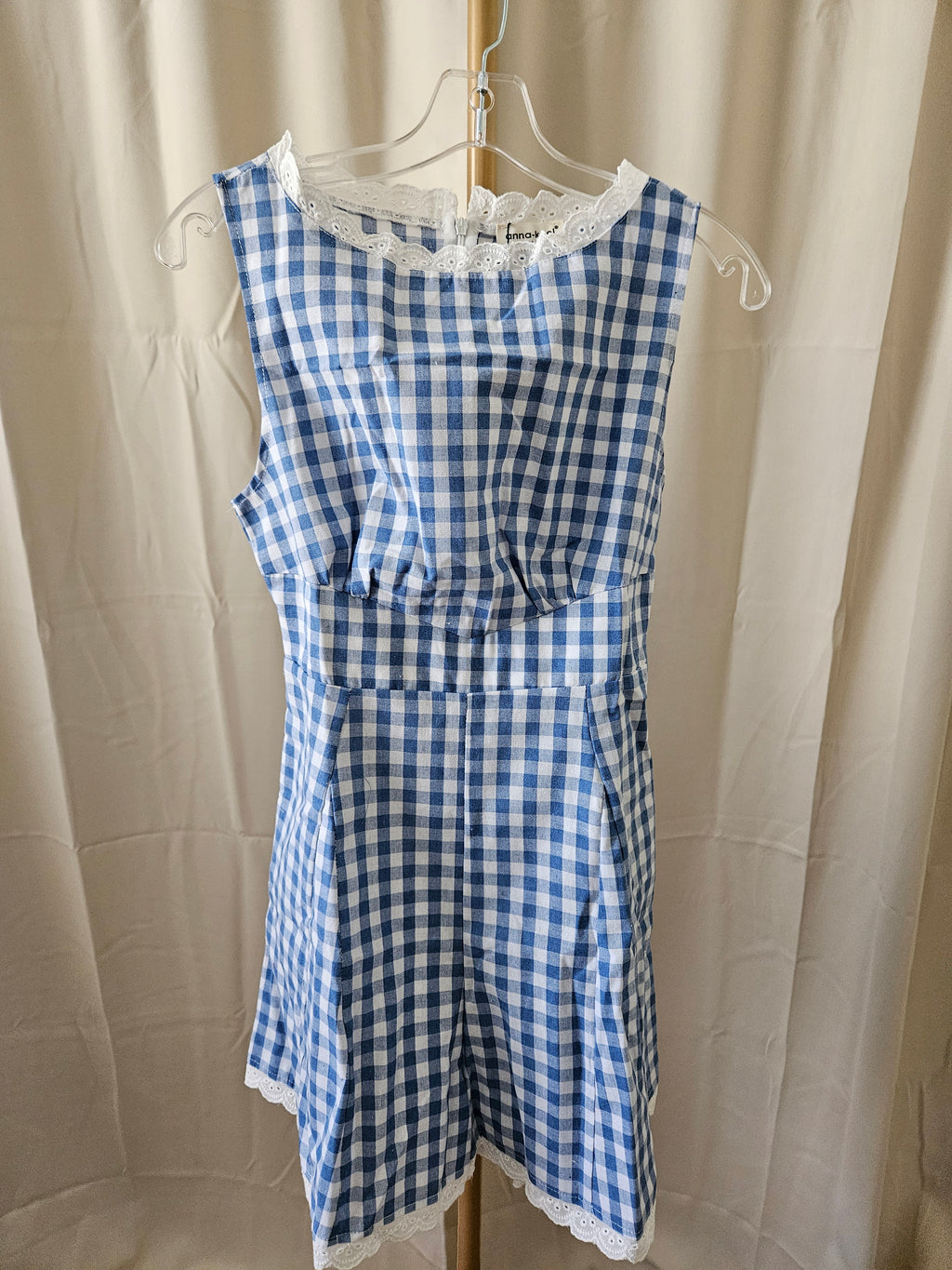 Anna-Kaci Baby Blue & White Checkered Lace Trim Romper