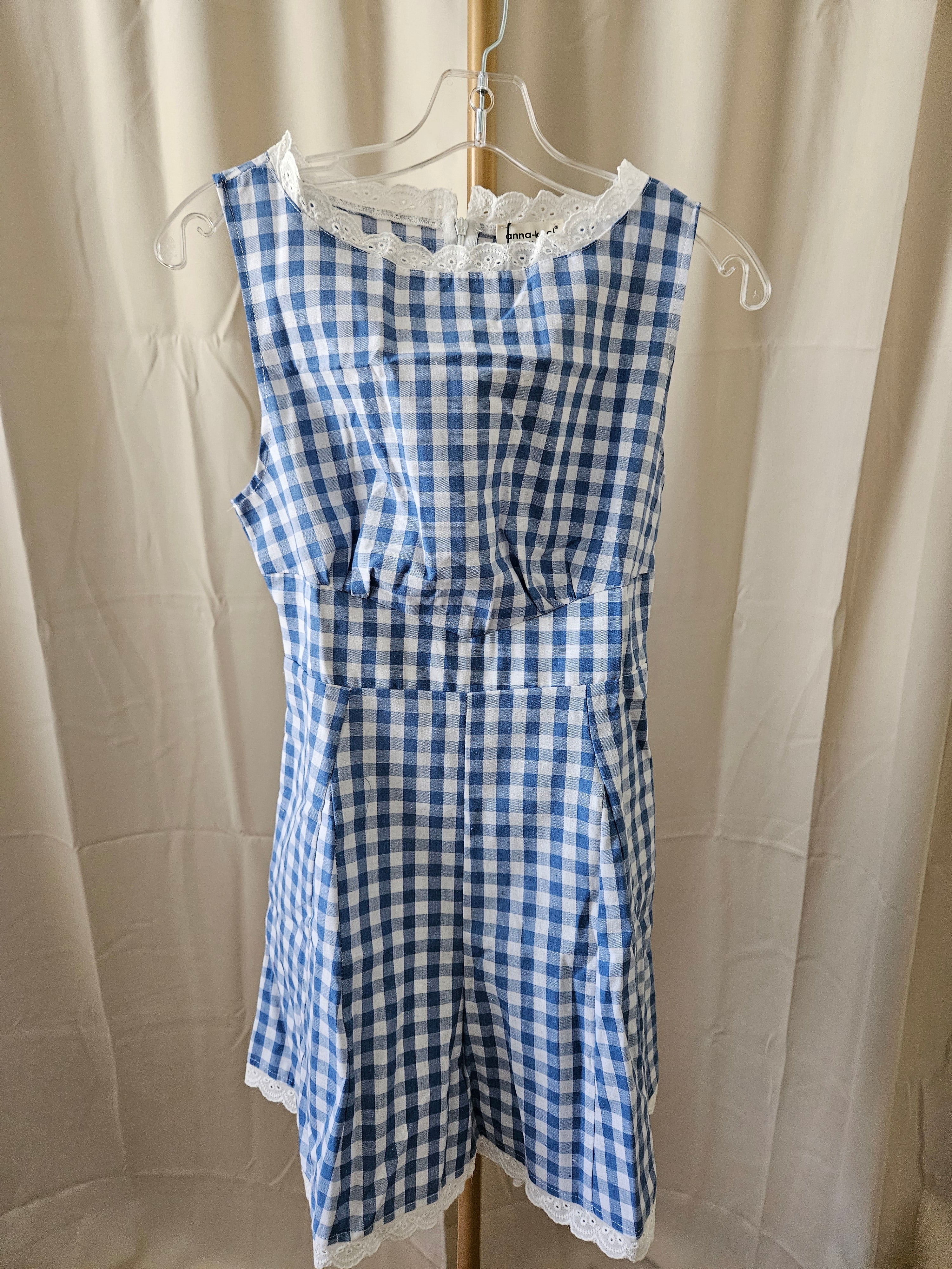 Anna-Kaci Baby Blue & White Checkered Lace Trim Romper