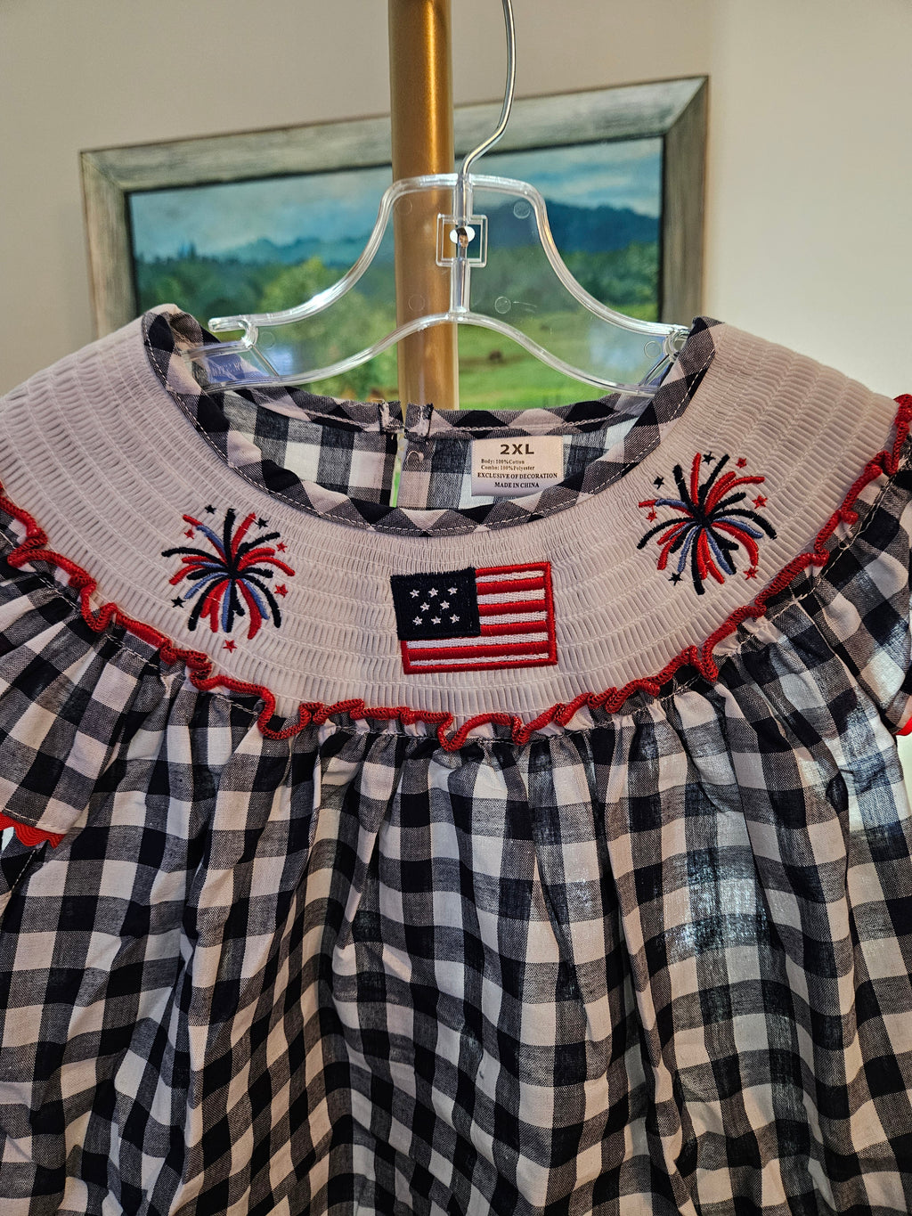 Auraquise July 4th Gingham Kids Dress with Smocked Accents Sz 7T