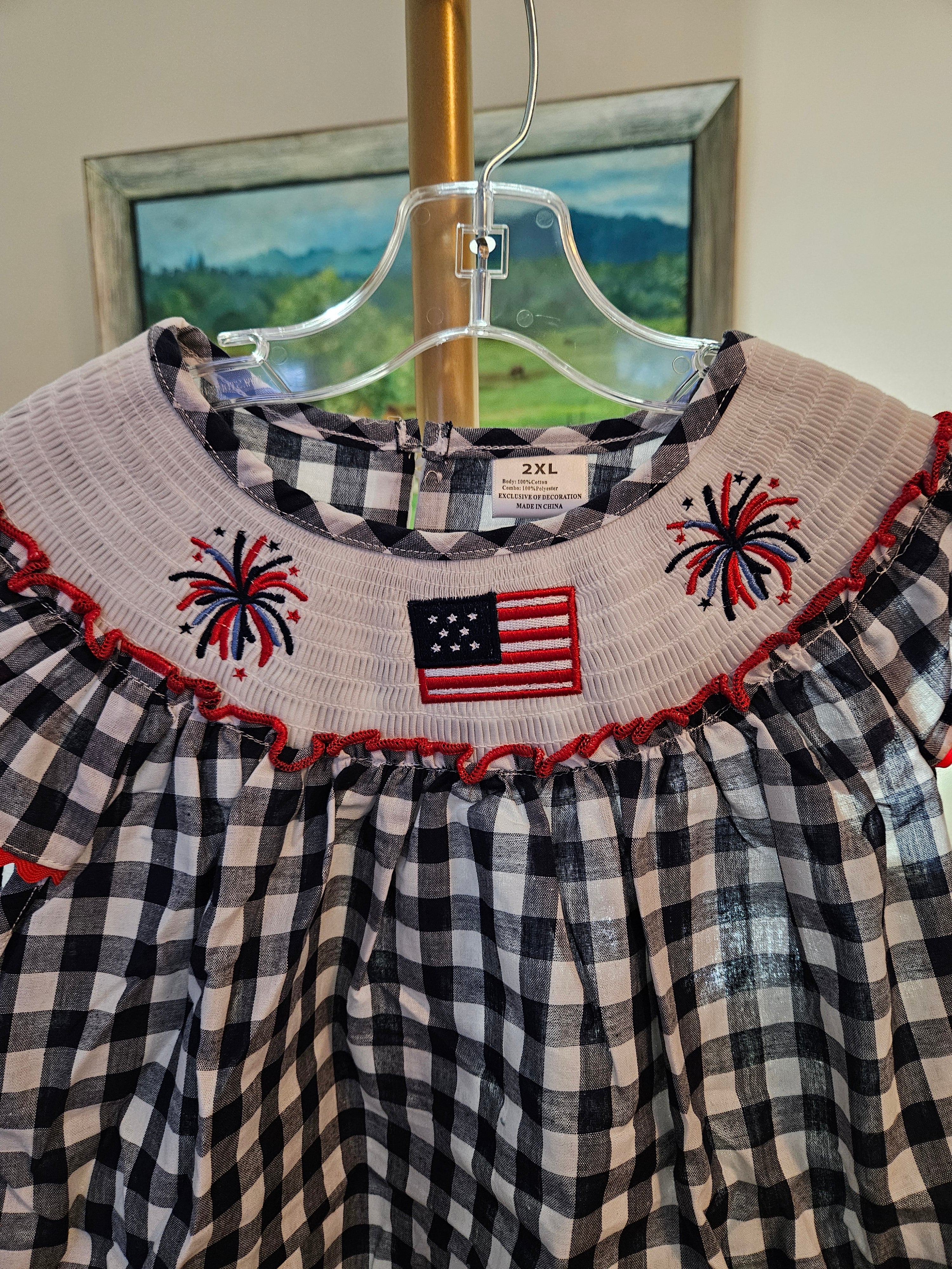 Auraquise July 4th Gingham Kids Dress with Smocked Accents Sz 7T