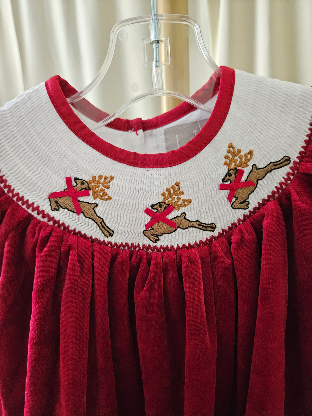 Lil Cactus Smocked Reindeer Red Velvet Dress with Matching Bows |
