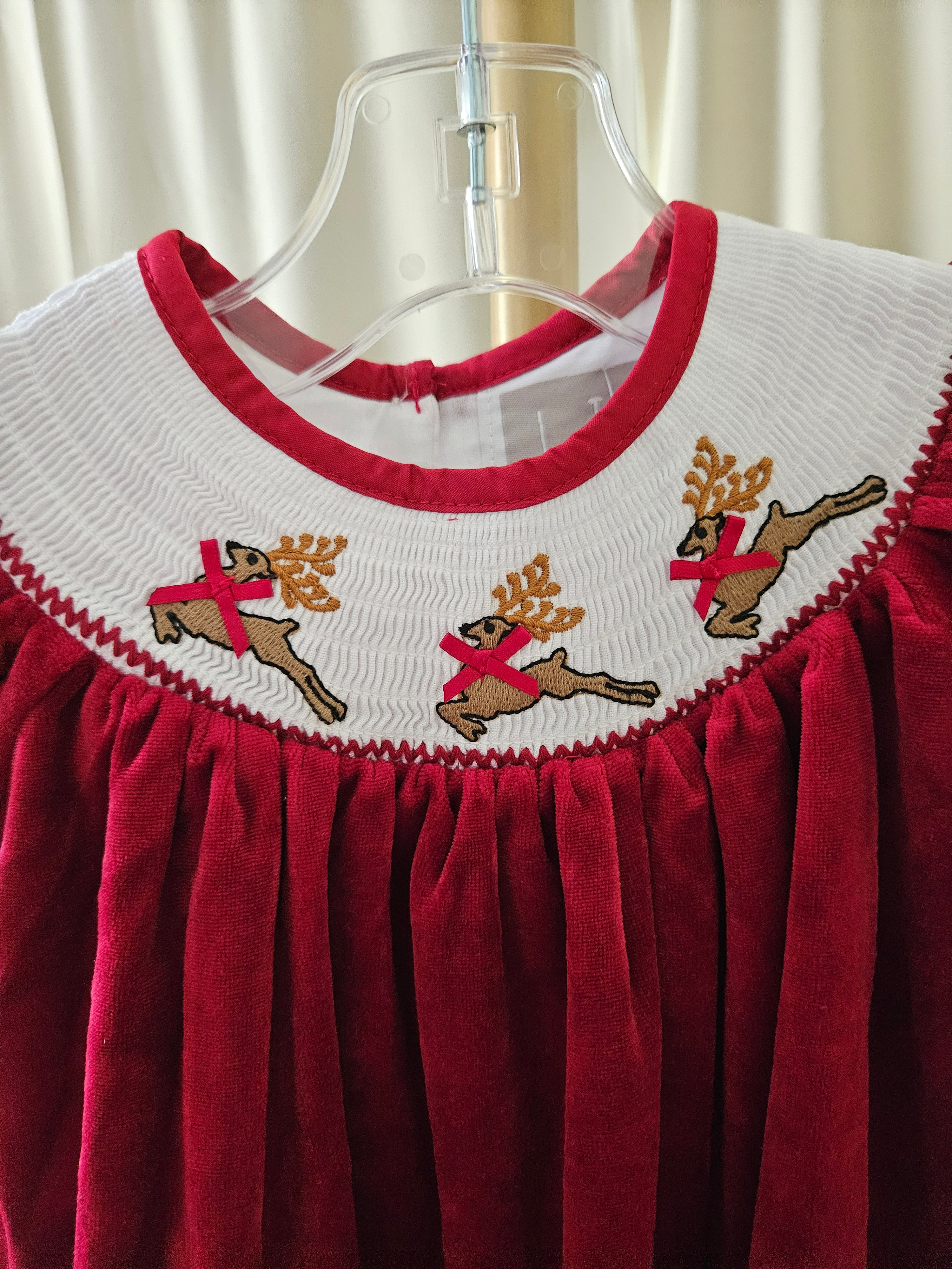 Lil Cactus Smocked Reindeer Red Velvet Dress with Matching Bows |