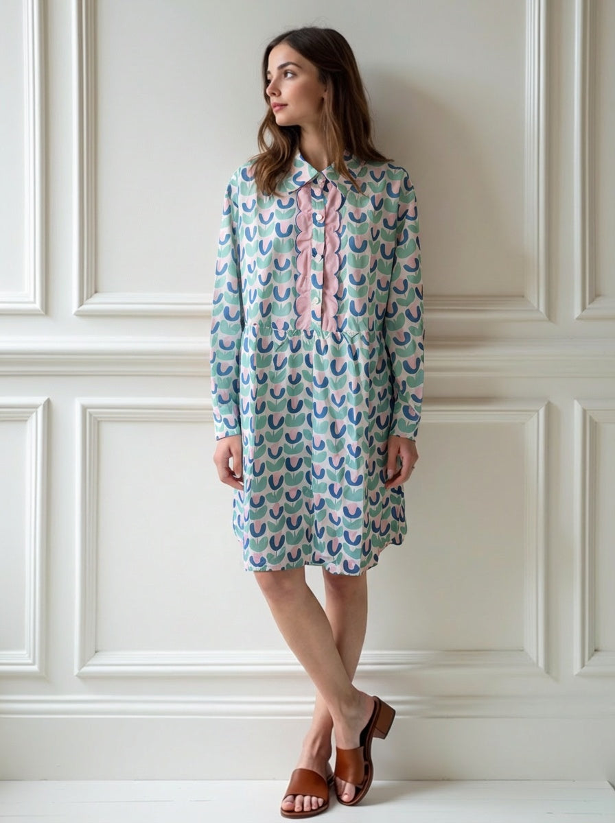 Lovesoft Green Floral Print Notched Neck Scallop Design Long Sleeve Mini Dress