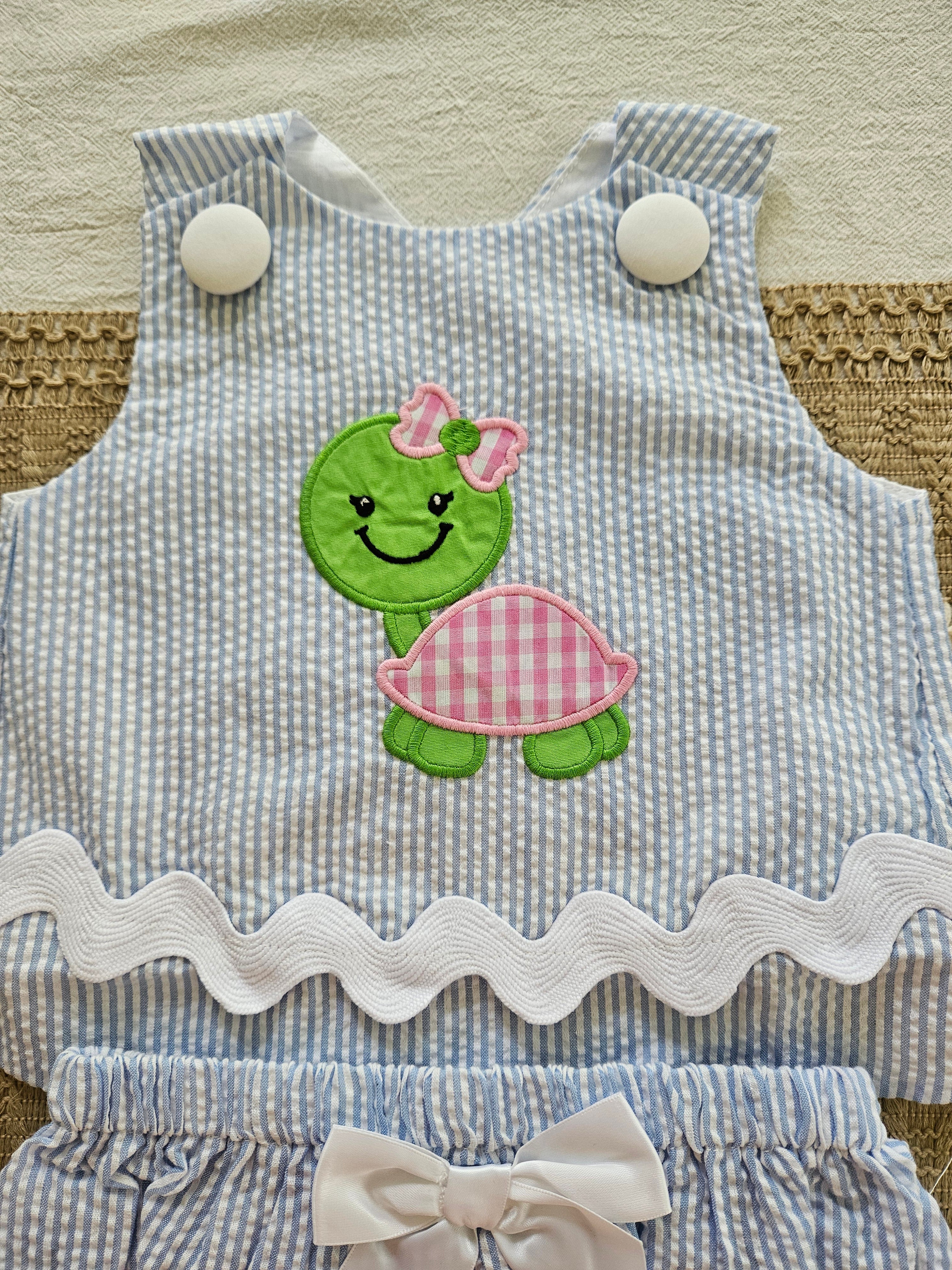 Lil Cactus Blue & White Seersucker Turtle Appliqué 2-Piece Set | Size 6-12M