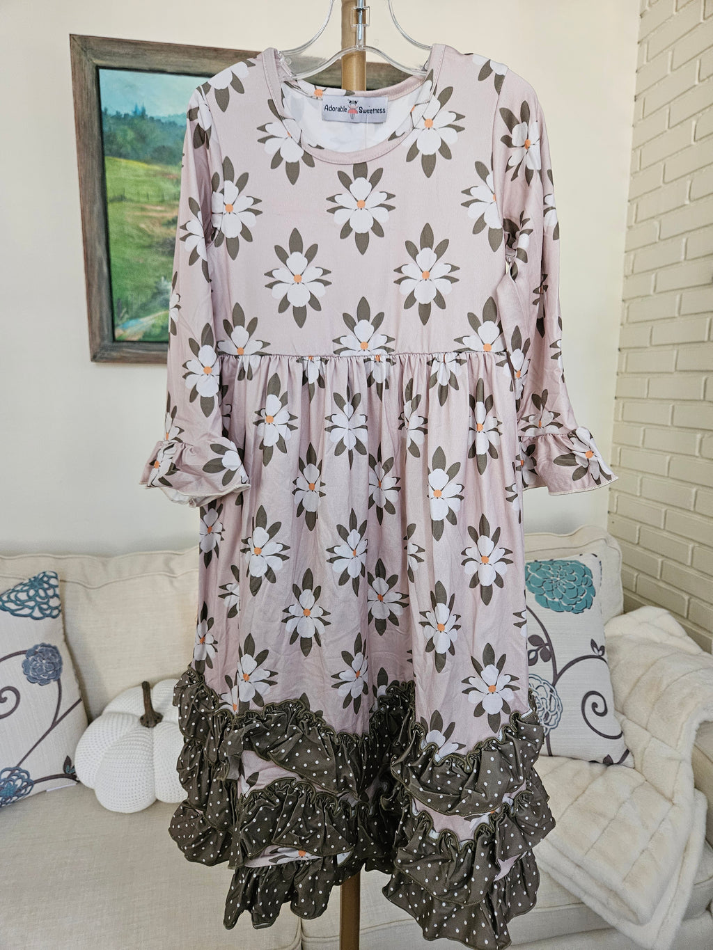 Adorable Sweetness Sage Polk A Dot And Flower 3 Ruffle Dress