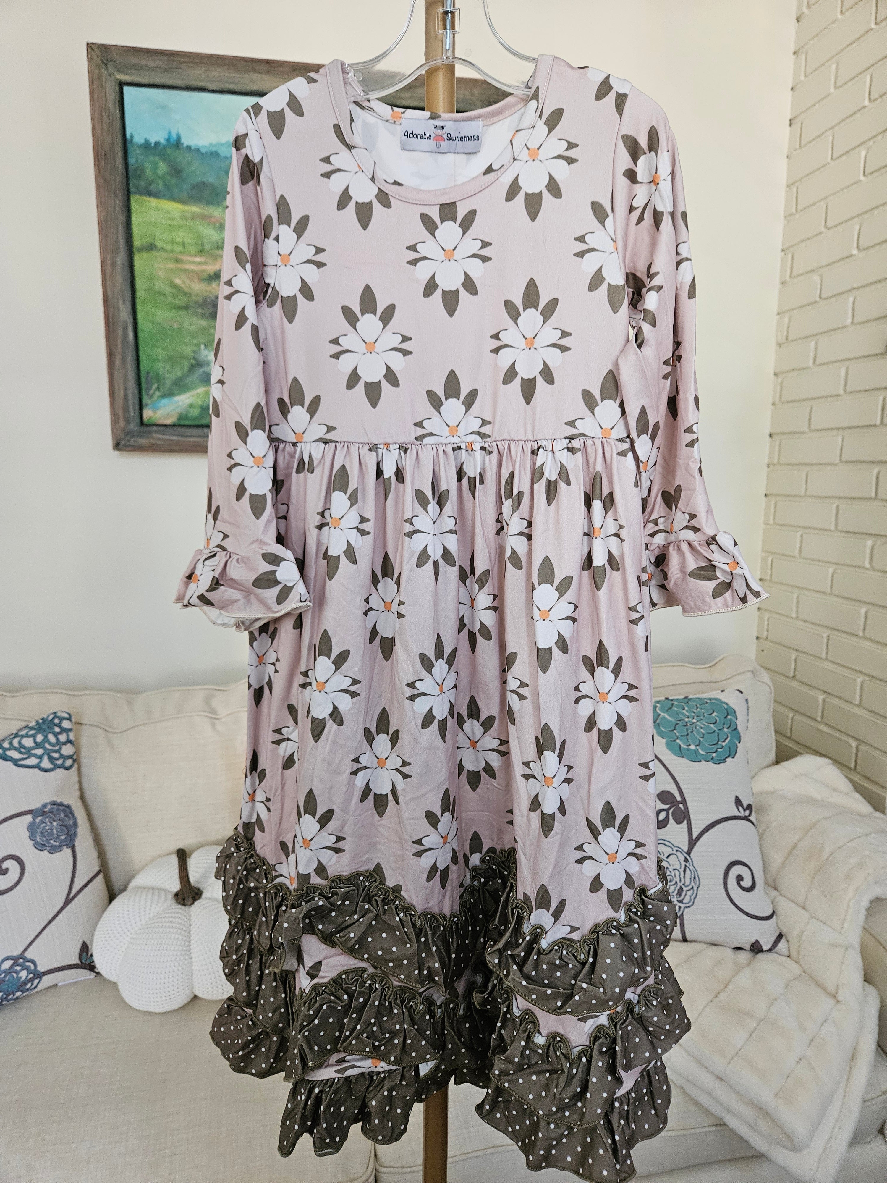 Adorable Sweetness Sage Polk A Dot And Flower 3 Ruffle Dress