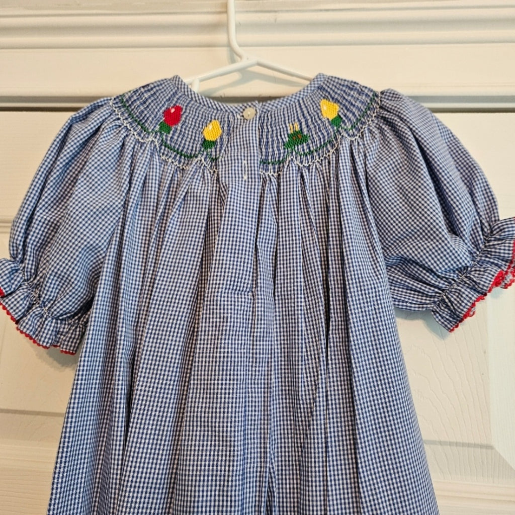 Amanda Remembered Blue & White Smocked Kids Dress with Christmas Lights. Sz 5