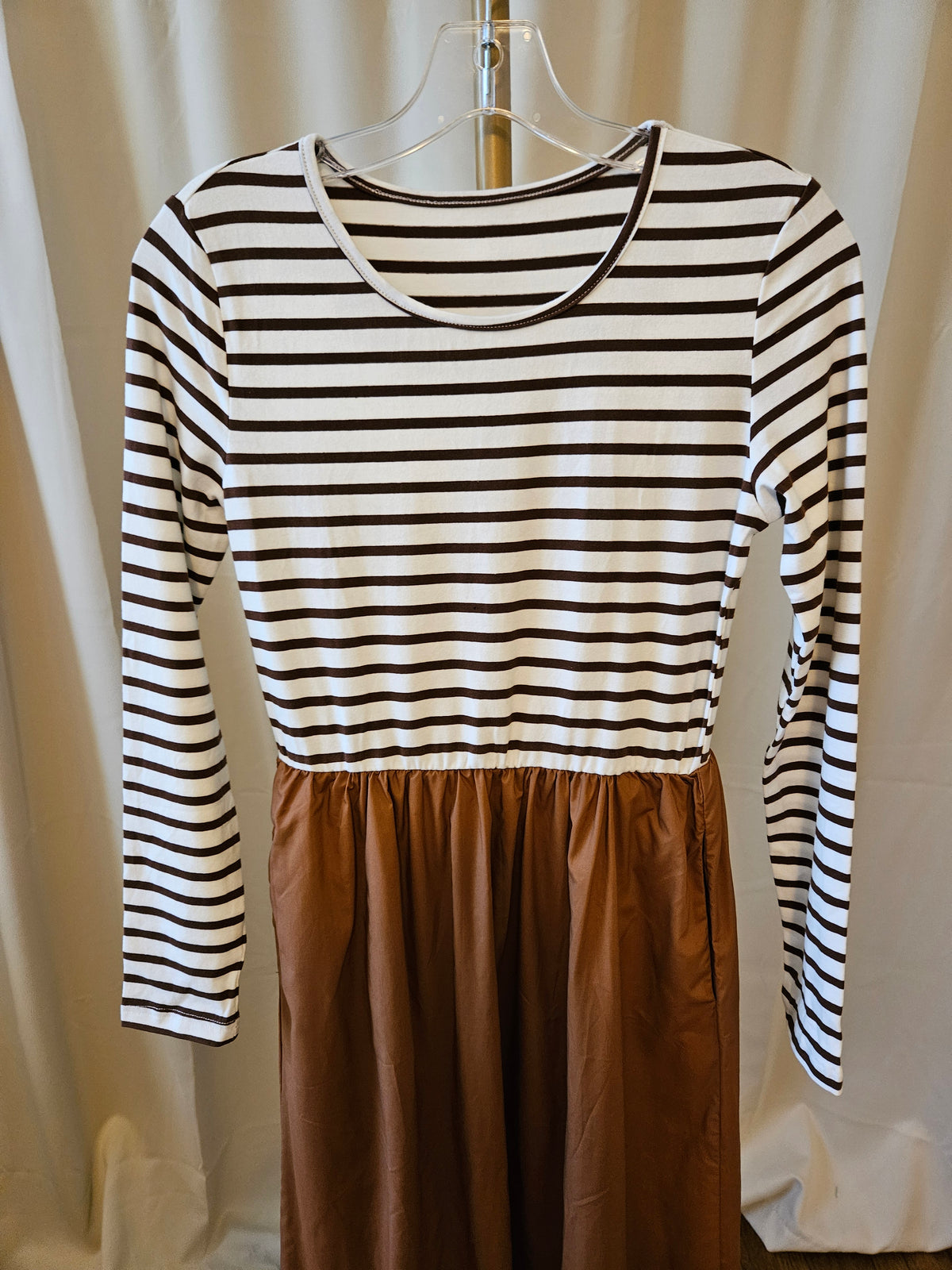 Brown Stripe Ribbed Knit Long Sleeve Bodice Contrast Patchwork Flared Dress  In Stock