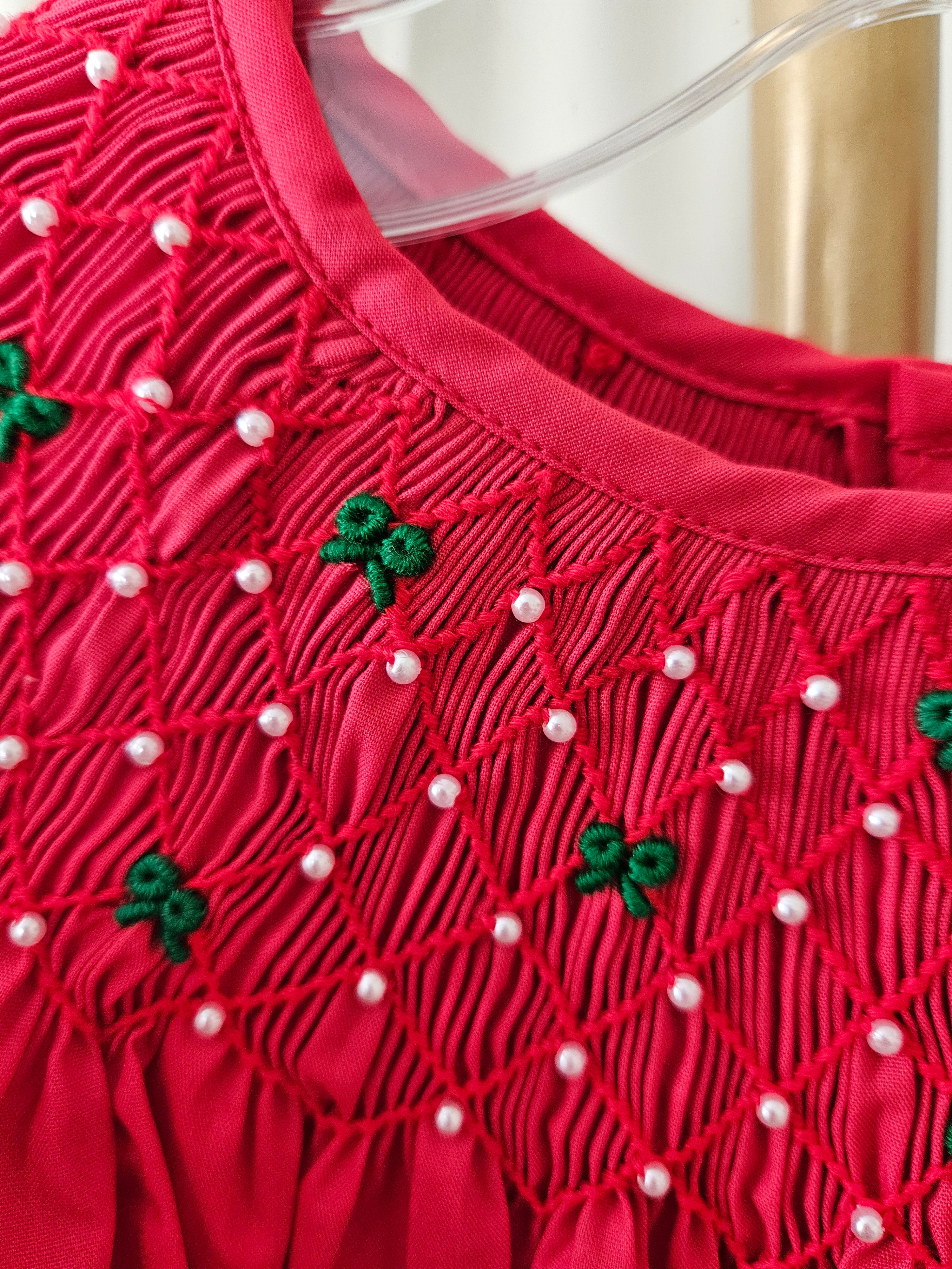 Love Me Red Heirloom Smocked Bishop Dress with Green Bows & Pearls