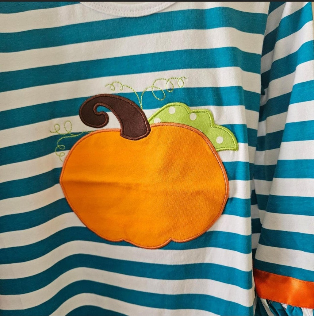 Amor Babee Pumpkin Appliqué Dress Turquoise Stripe Ruffle Sz 6-7