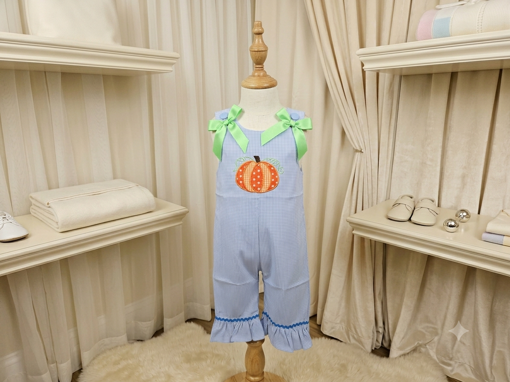 Lil Cactus Blue & White Gingham Pumpkin Appliqué Romper