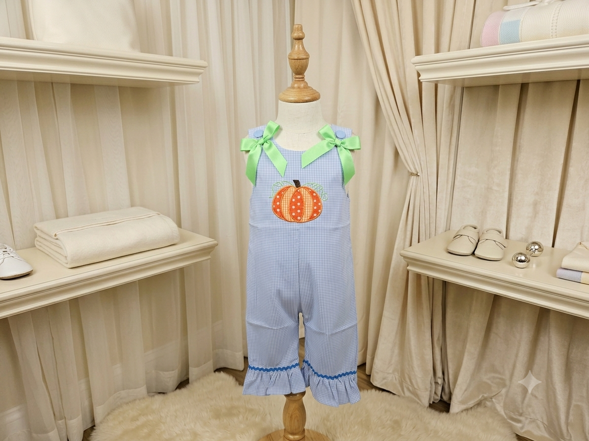 Lil Cactus Blue & White Gingham Pumpkin Appliqué Romper