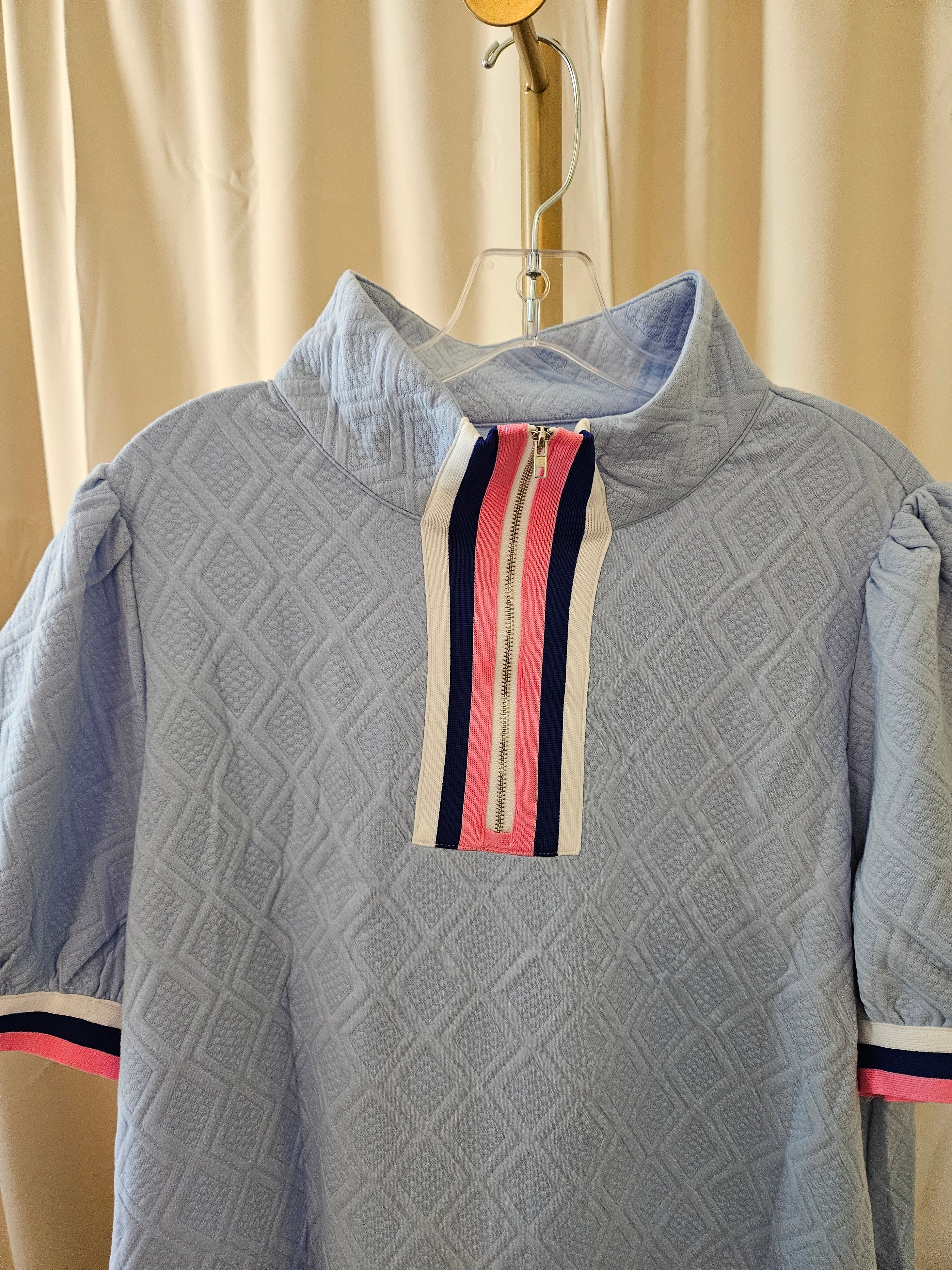 Lovesoft Beau Blue Textured Dress Contrast Pink & Navy Trim Puff Sleeve