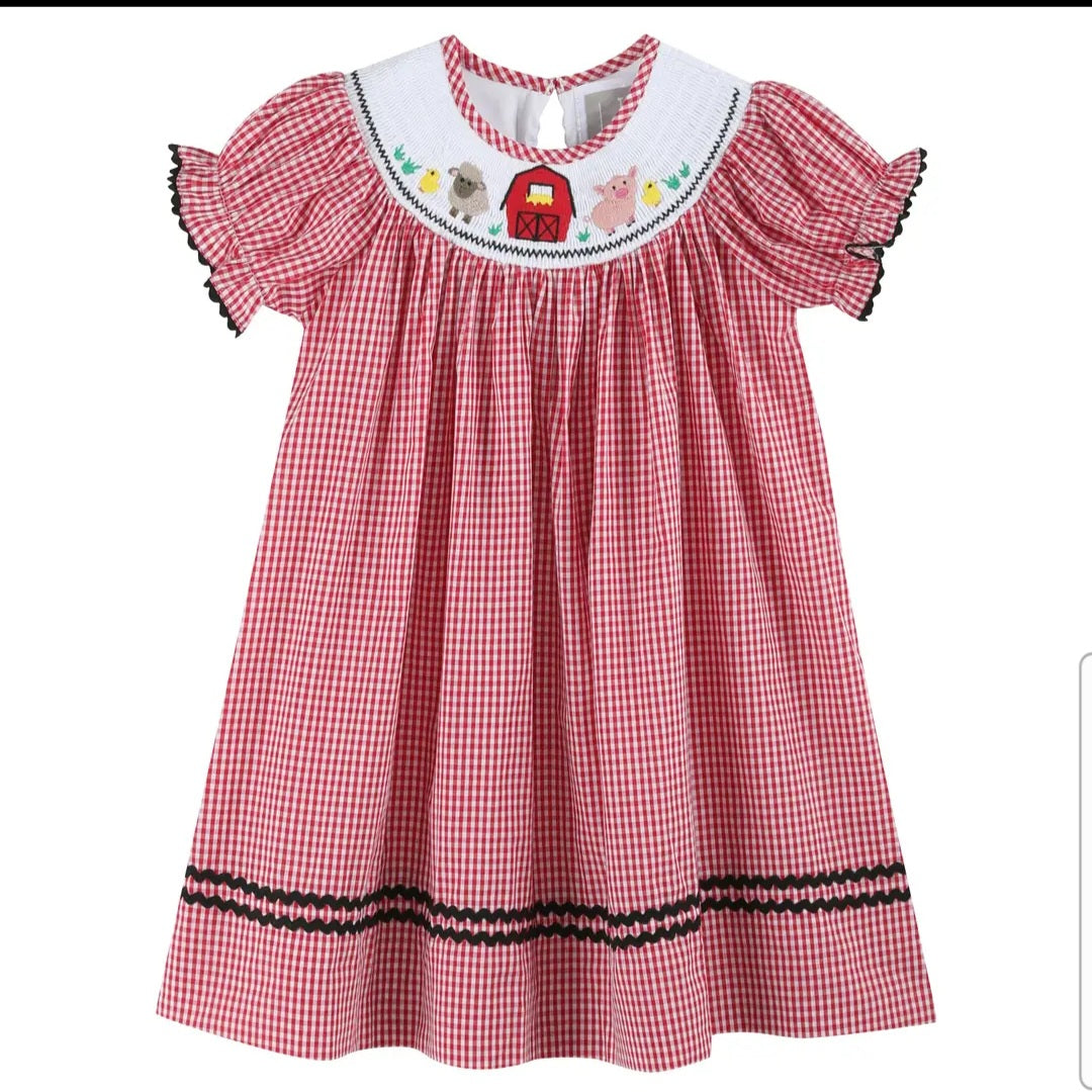 Lil' Cactus Red Gingham Barn Animals Smocked Bishop Dress Sz 3T