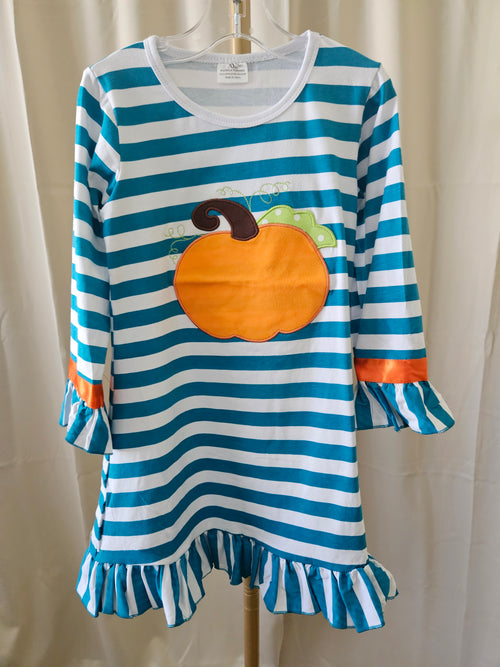 Amor Babee Pumpkin Appliqué Dress Turquoise Stripe Ruffle Sz XL (5-6)