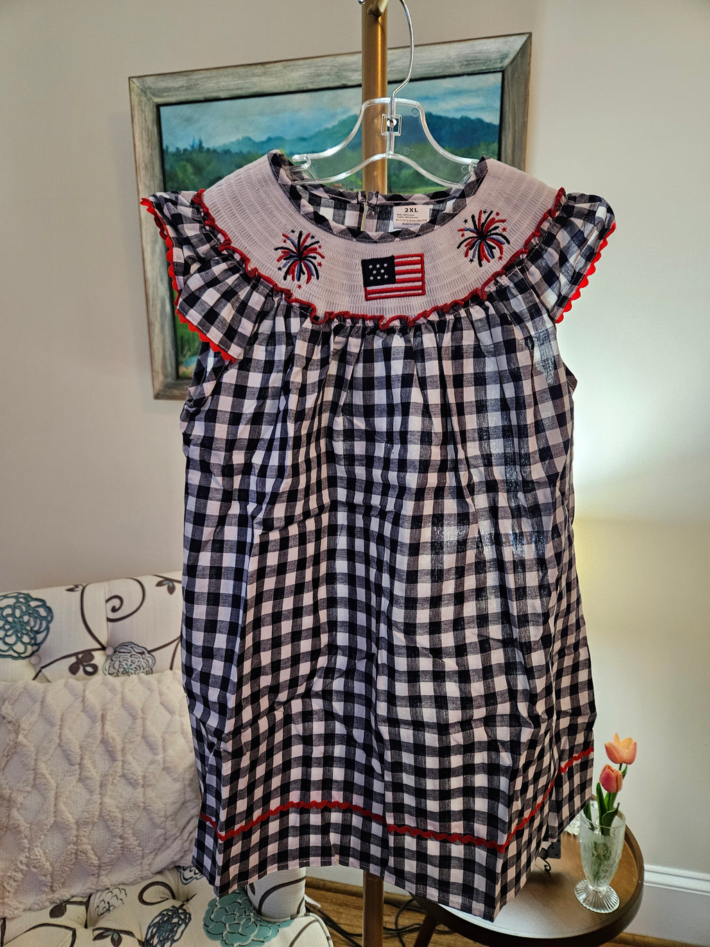 Auraquise July 4th Gingham Kids Dress with Smocked Accents Sz 7T