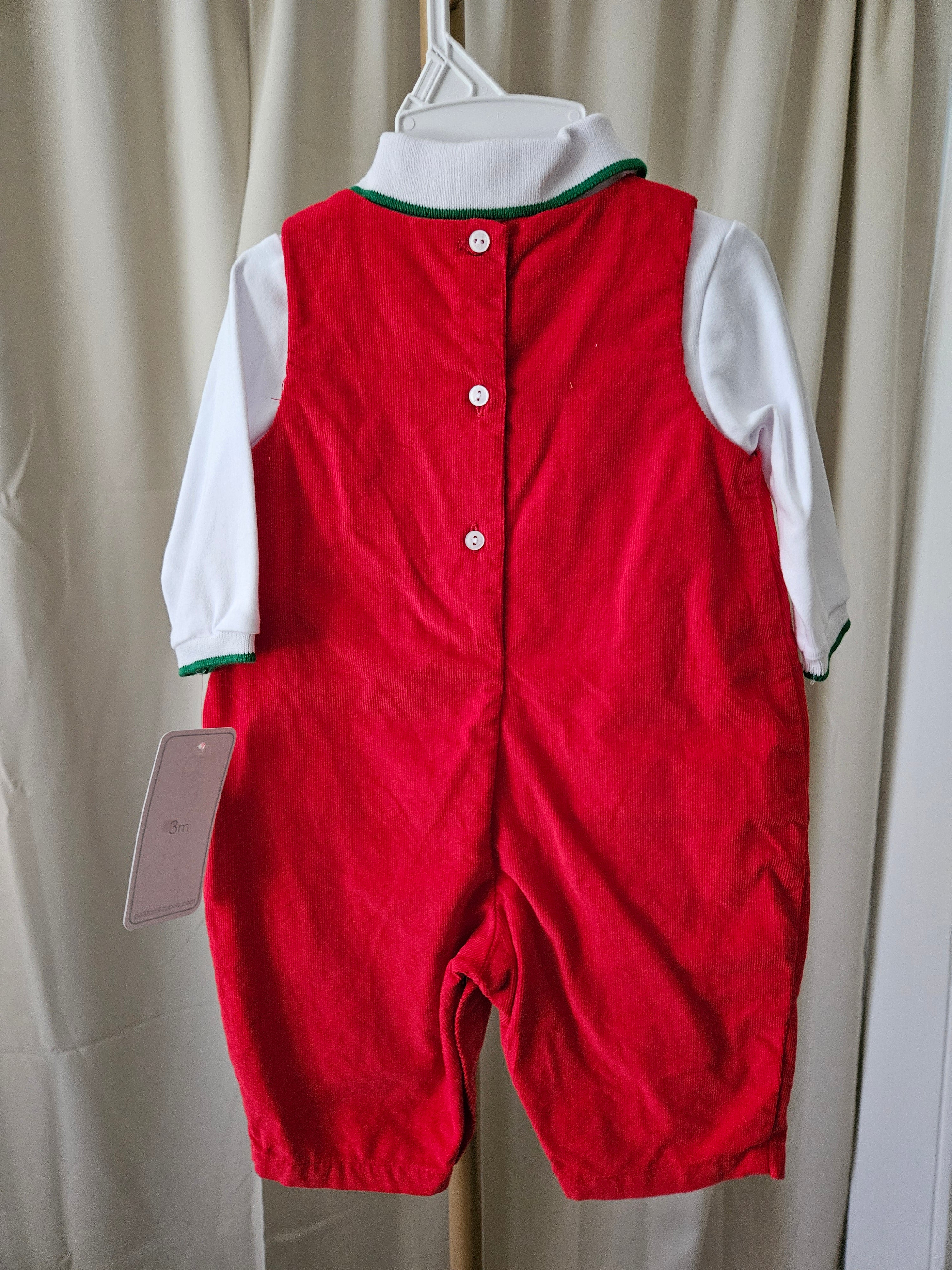 Petit Ami Red Corduroy Santa Sleigh Jon Jon & Shirt Set